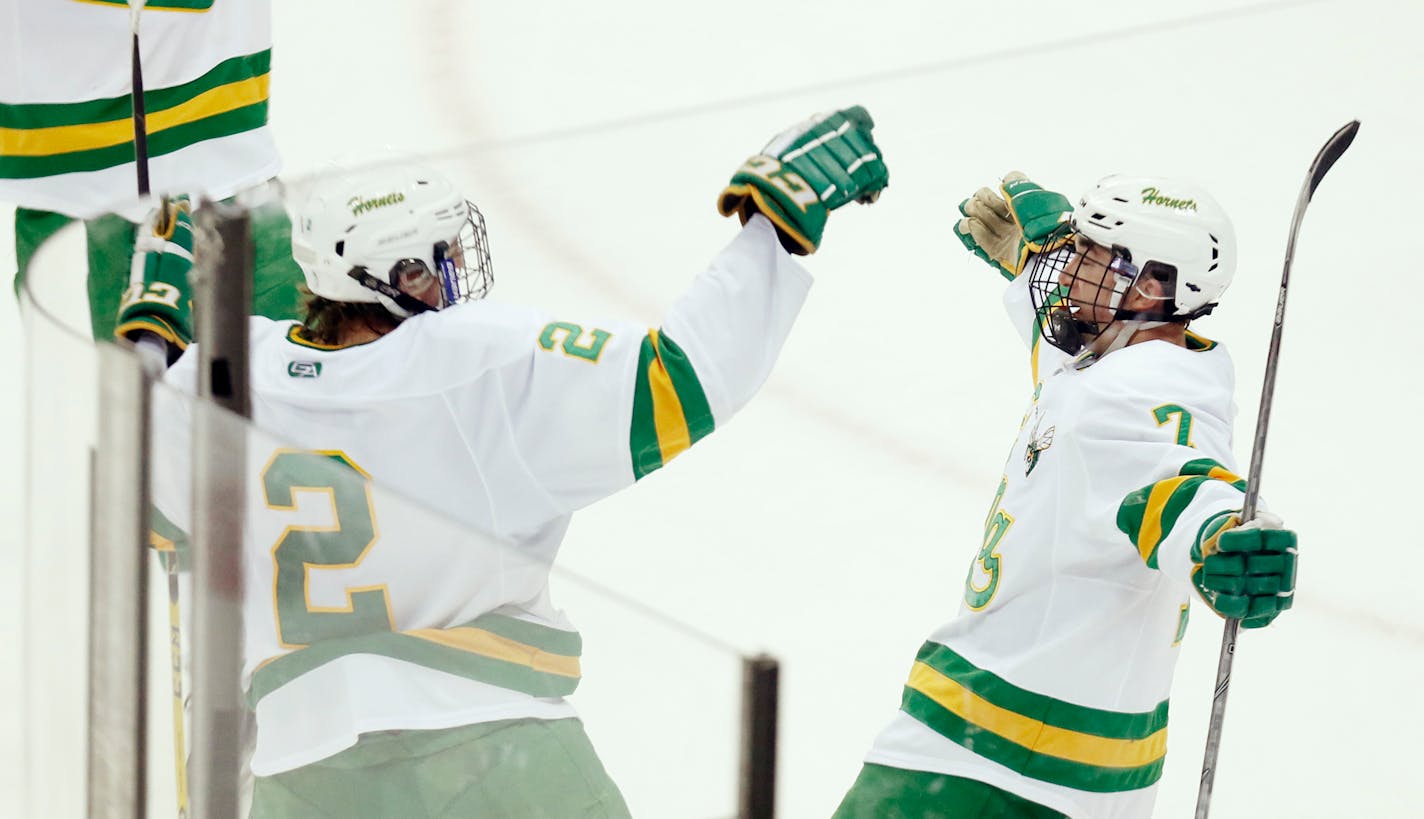 Casey Bornbach of Edina (7) celebrated his empty net goal with Paul Meyer in the third period. Edina beat Bemidji 6-4 in Class 2A quarterfinals boy's hockey state tournament at the Xcel Energy Center Thursday March 5, 2015 in St. Paul, Minnesota. ] Jerry Holt/ Jerry.Holt@Startribune.com