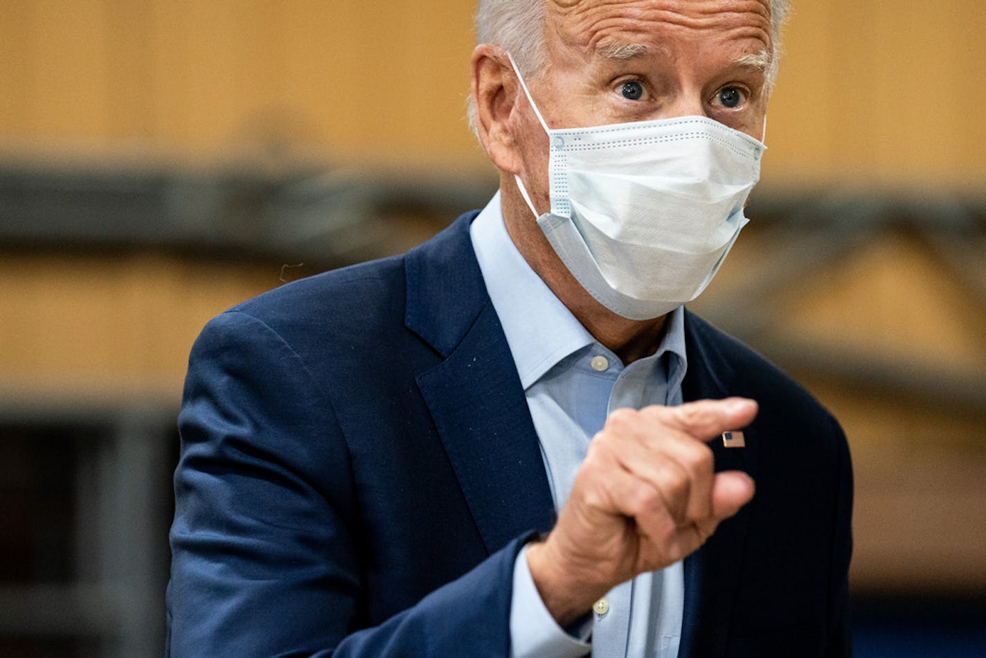 Joe Biden, the Democratic presidential nominee, tours a training center for carpenters in Hermantown, Minn., Friday, Sept. 18, 2020. (Erin Schaff/The New York Times)