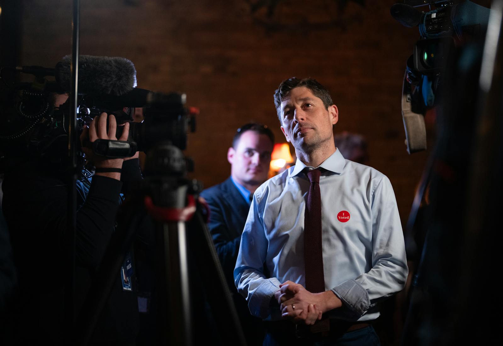 Minneapolis Mayor Jacob Frey waits as he is introduced before thanking supporters at his election night watch party at Jefe Urban Cocina in Minneapolis.