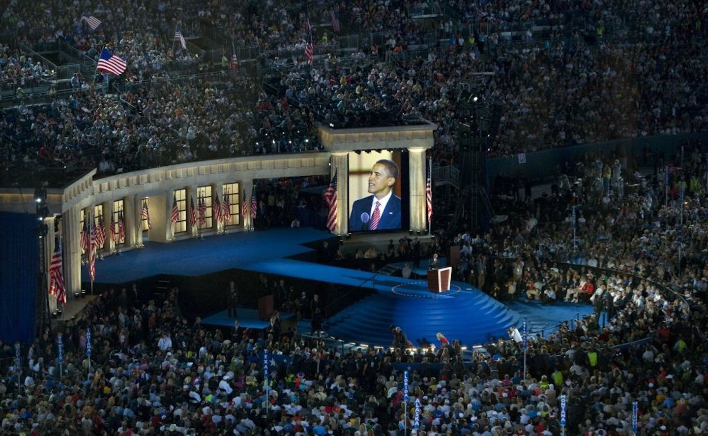 Sen. Barack Obama (D-Ill.) speaks in Denver on Thursday night, Aug. 28, 2008. Obama told tens of thousands of Democrats gathered at Invesco Field, "We are a better country than this."