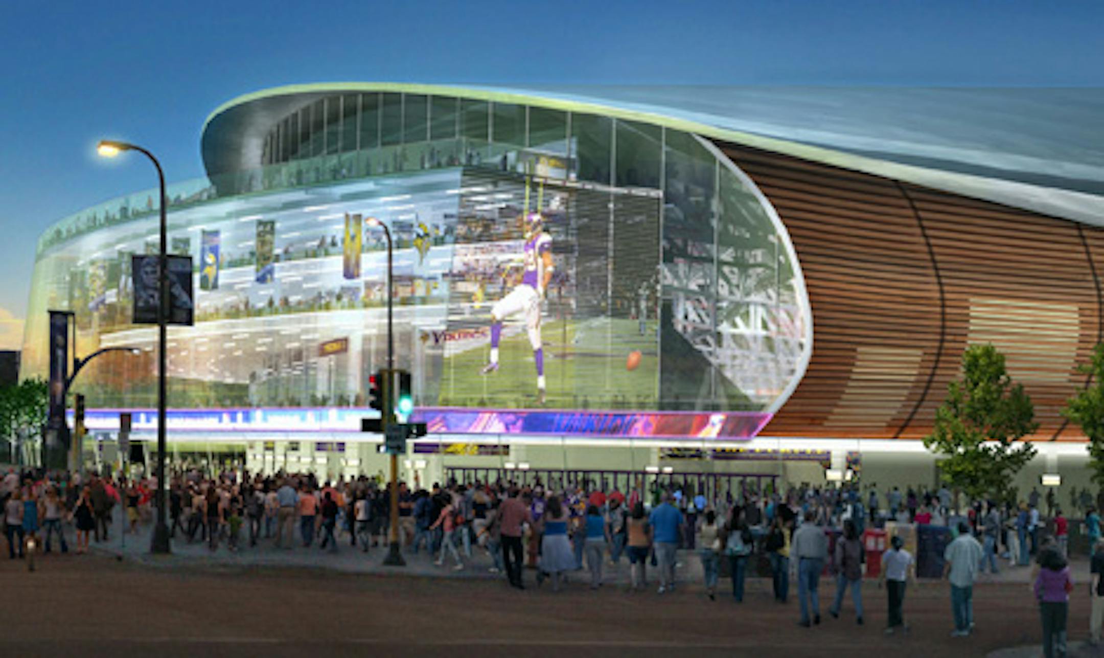 An image provided by AECOM via the City of Minneapolis shows an architectural artist's rendering of a proposed Minnesota Vikings stadium.