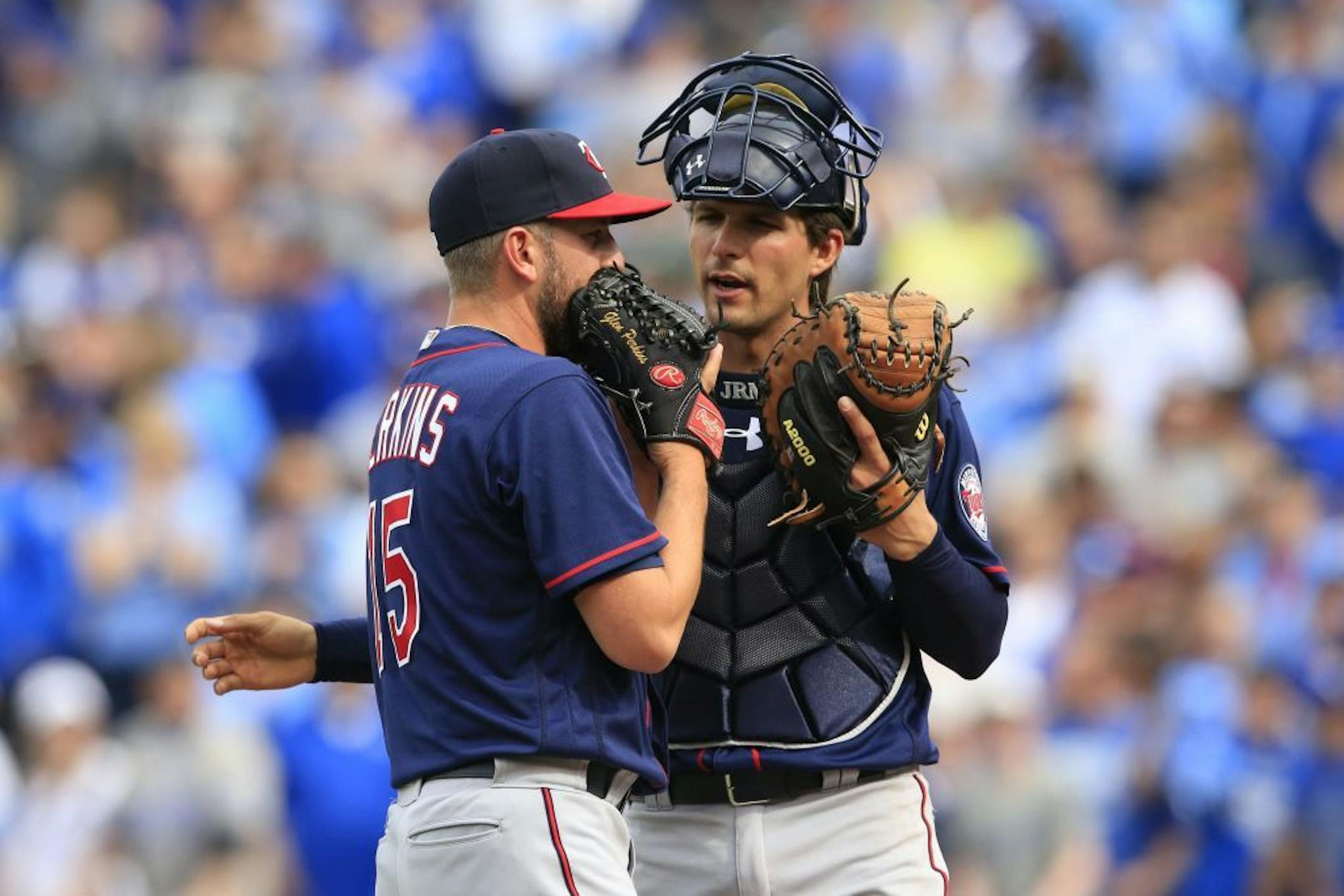 Glen Perkins, now on the disabled list, was comforted by catcher John Ryan Murphy, now in the minor leagues, after the Twins blew a late-game lead and lost to Kansas City last month.