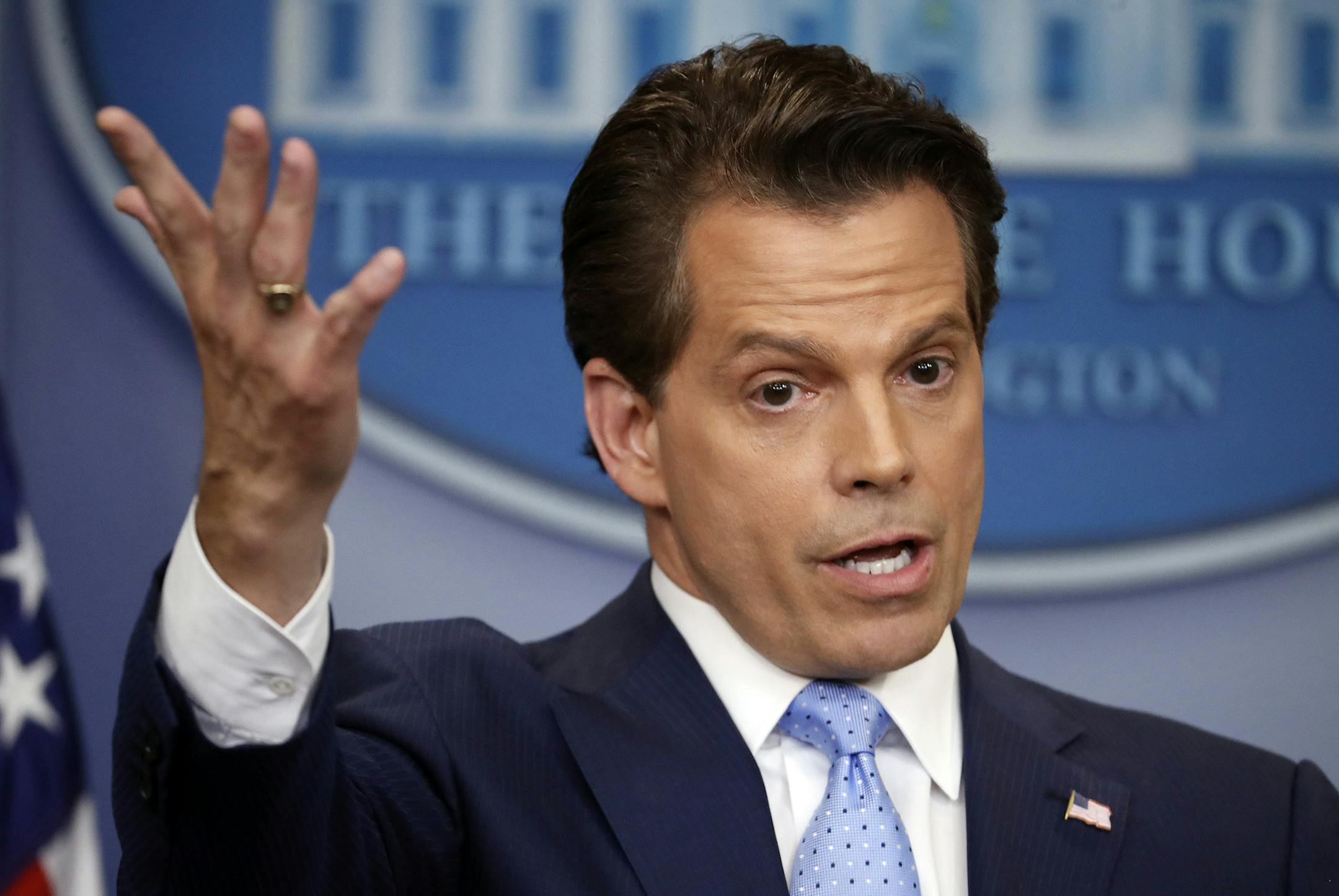 White House communications director Anthony Scaramucci gestures as he answers questions during the press briefing in the Brady Press Briefing room of the White House in Washington, Friday, July 21, 2017. (AP Photo/Pablo Martinez Monsivais) ORG XMIT: MIN2017072813145611