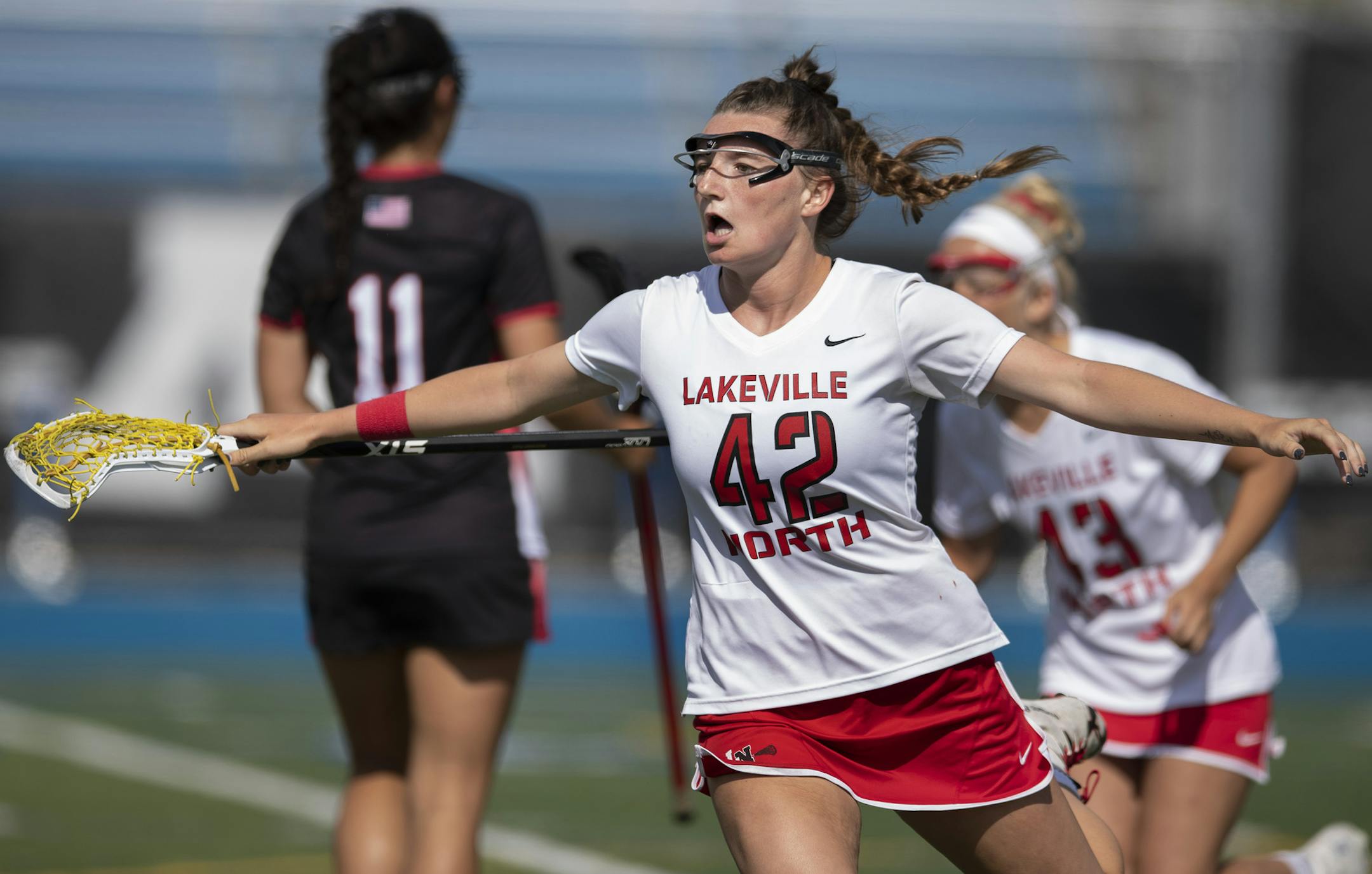 Olivia Mattis of Lakeville North celebrated her second half goal Tuesday June 11, 2019 in Minnetonka,MN.] Lakeville North beat Stillwater 18-15 in the girls lacrosse state quarterfinal at Minnetonka High School . Jerry Holt • Jerry.holt@startribune.com