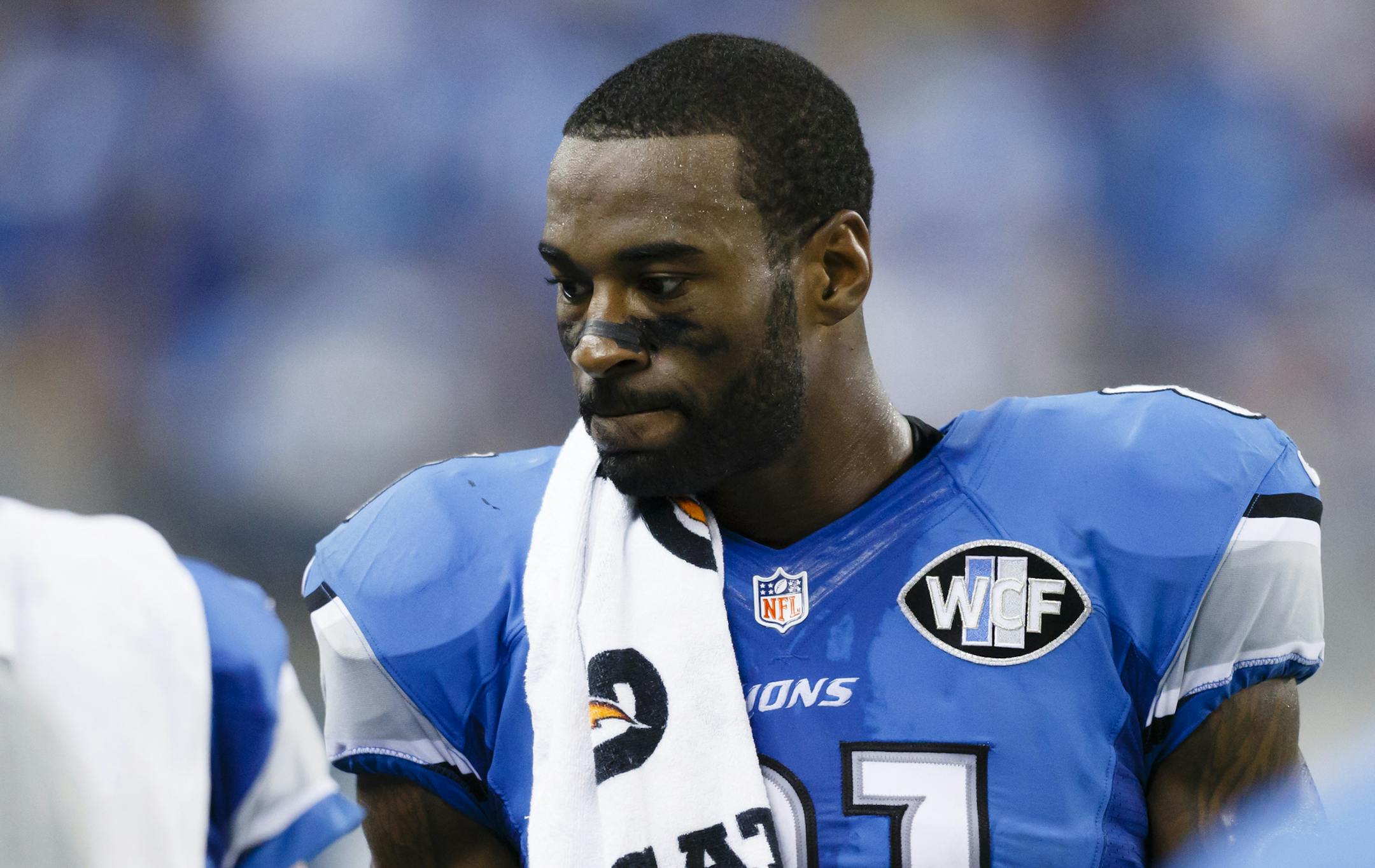 Detroit Lions wide receiver Calvin Johnson (81) on the sideline against the New York Giants during an NFL football game at Ford Field in Detroit, Monday, Sept. 8, 2014. (AP Photo/Rick Osentoski)