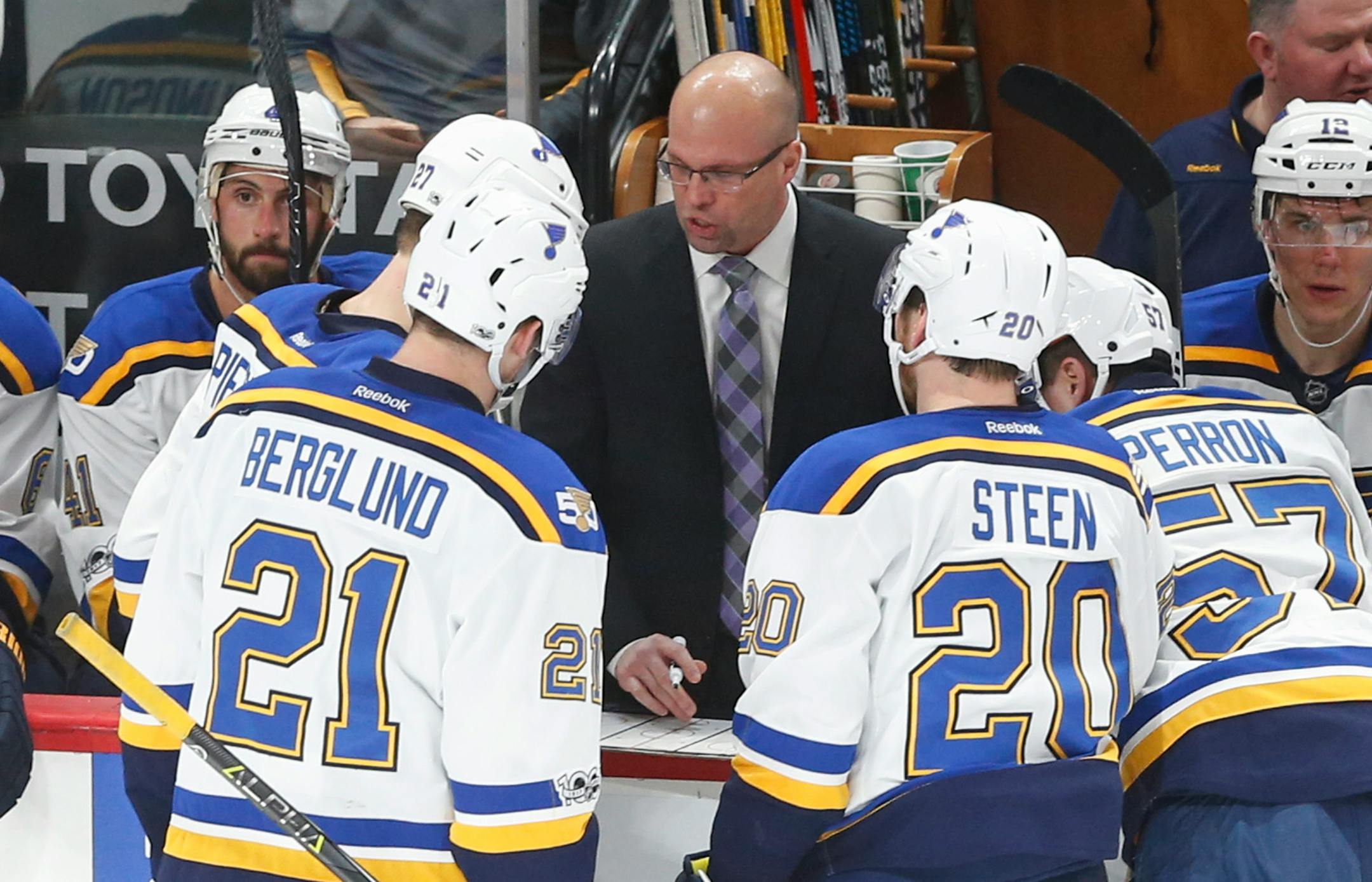 Blues coach Mike Yeo instructed his team near the end of the third period in a 2-1 victory against the Wild on Tuesday night. Yeo was the Wild head coach until he was fired last season.