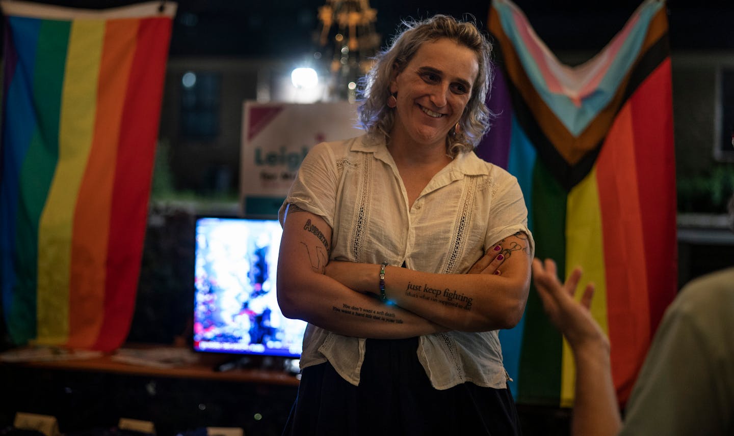 Leigh Finke waited on election results during a primary day party Tuesday at Bang Brewing Co. in St. Paul. If elected, Finke would be the first openly