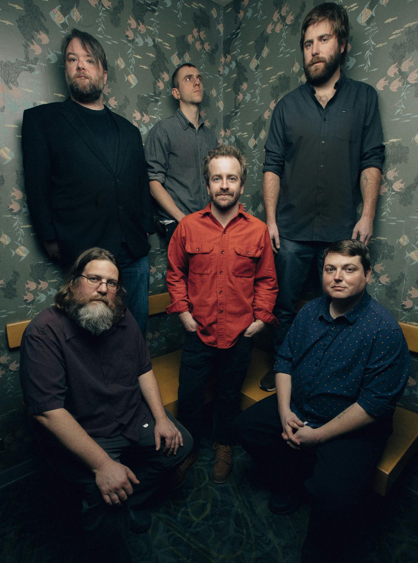 Dave Simonett, center, first reunited with his Trampled by Turtles bandmates on a sad day in October. From left top: Ryan Young, Eamonn McLain and Dave Carroll. Seated from left: Erik Berry and Tim Saxhaug.