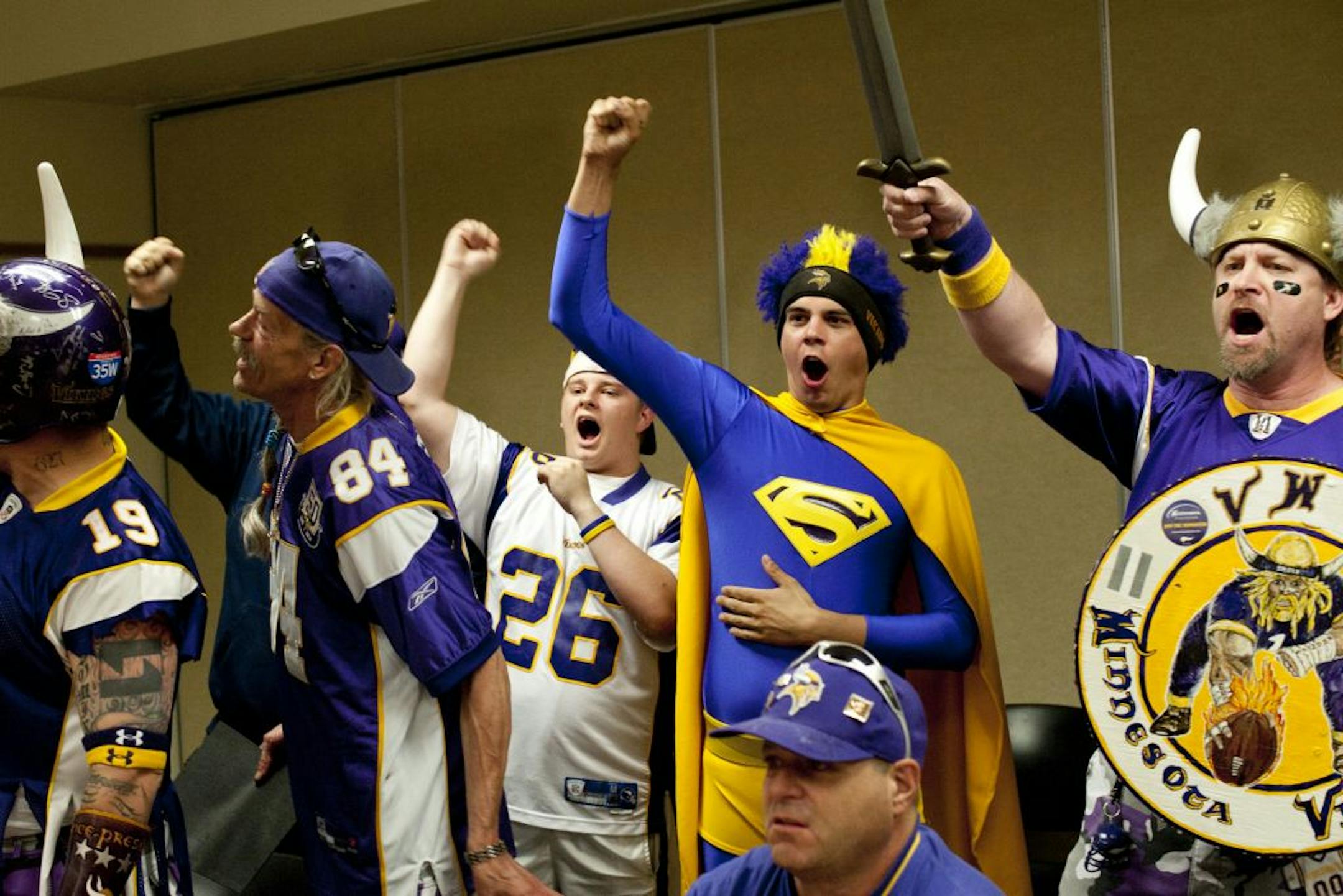 Vikings fans sang Skol Vikings at the end of the news conference held in Arden Hills this week.
