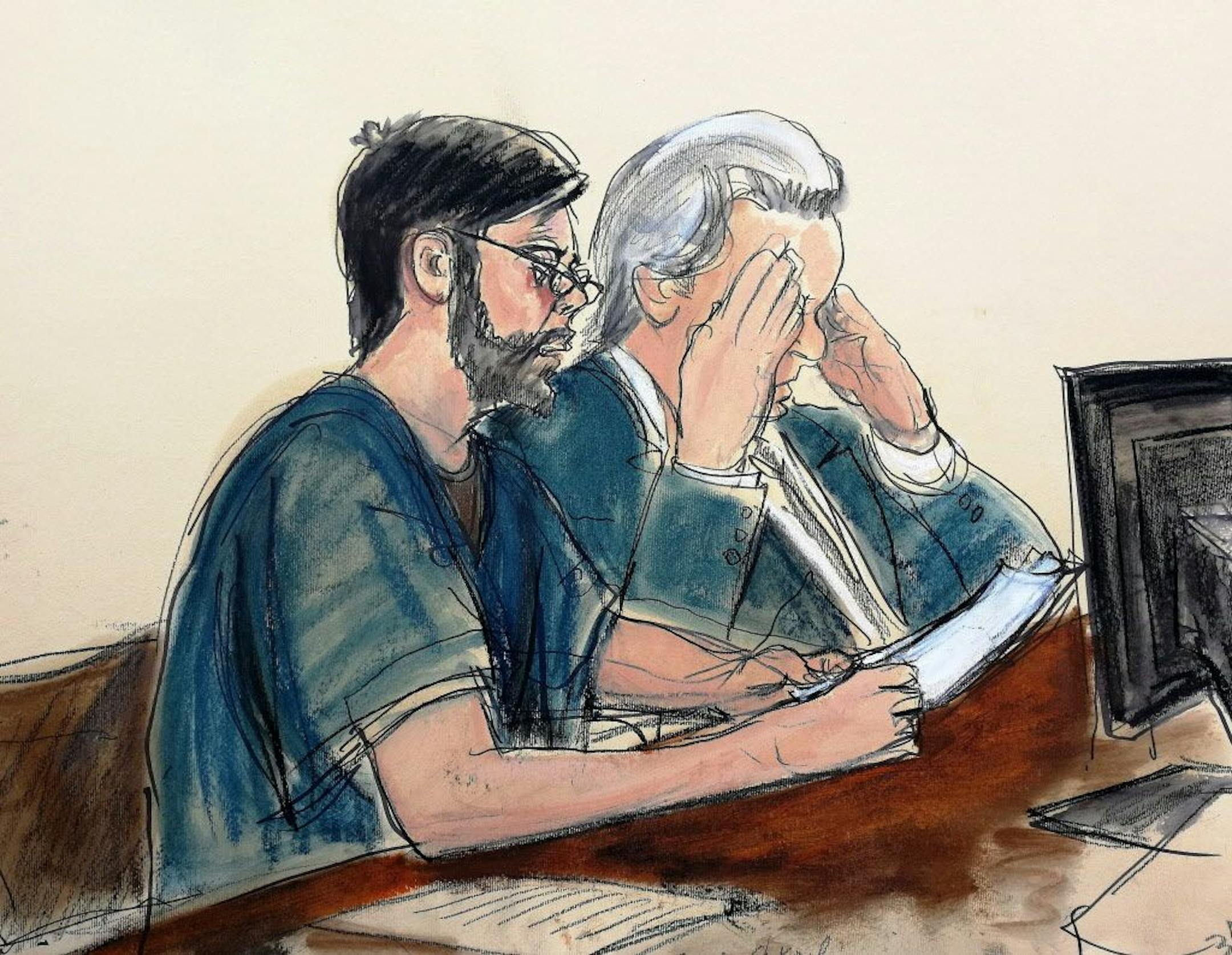 This courtroom sketch shows former pharmaceutical CEO Martin Shkreli, left, seated next to his lawyer Ben Brafman in federal court, Friday, March 9, 2018, in New York. "Pharma Bro" vilified for jacking up the price of a lifesaving drug, was sentenced to seven years in prison for defrauding investors in two failed hedge funds.