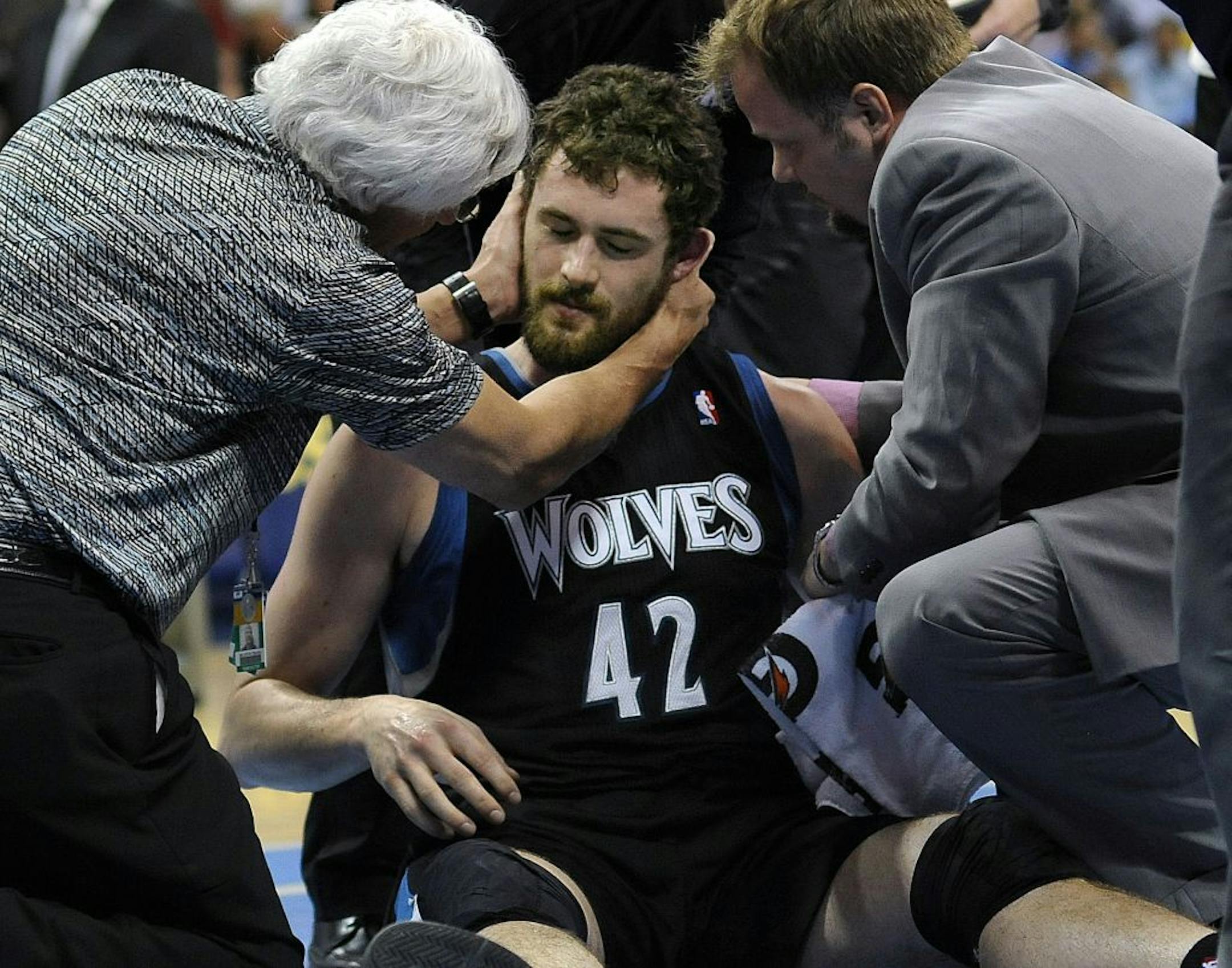 Kevin Love took an inadvertent elbow from JaVale McGee in a loss at Denver on Wednesday. He spent the night in an area hospital.