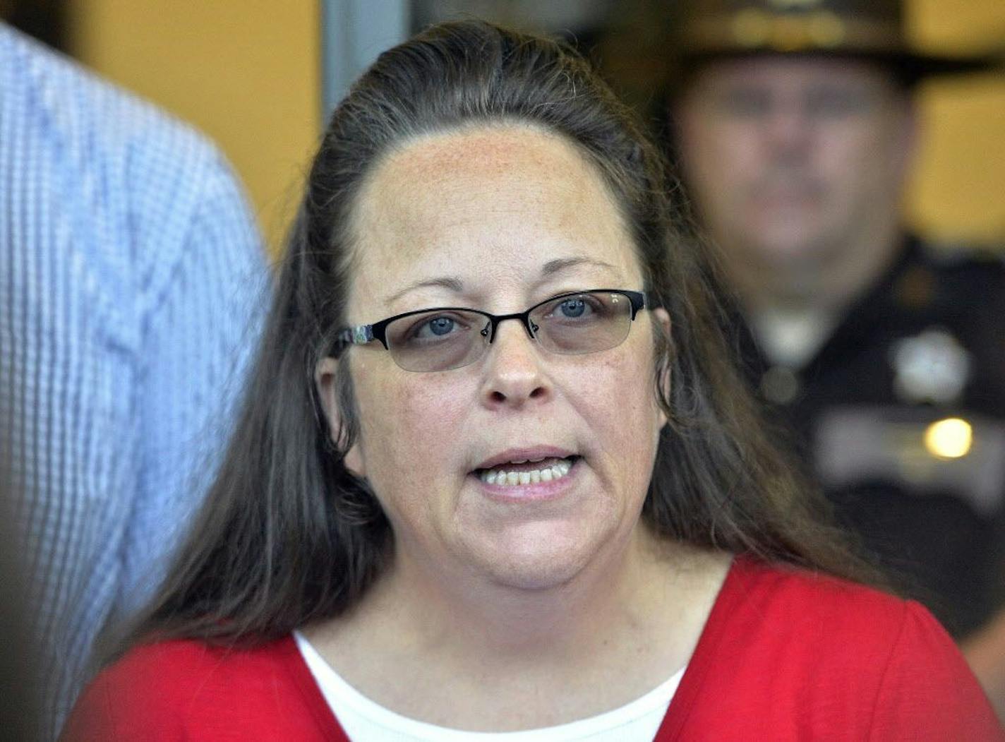 Rowan County Clerk Kim Davis makes a statement to the media at the front door of the Rowan County Judicial Center in Morehead, Ky., on Sept. 14, 2015.