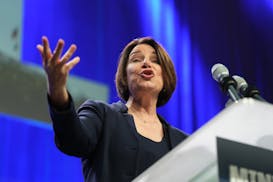 Sen. Amy Klobuchar speaks to the delegates after they endorsed her for a fourth term in the U.S. Senate, on the first day of the DFL State Convention 