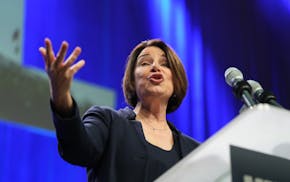 Sen. Amy Klobuchar speaks to the delegates after they endorsed her for a fourth term in the U.S. Senate, on the first day of the DFL State Convention