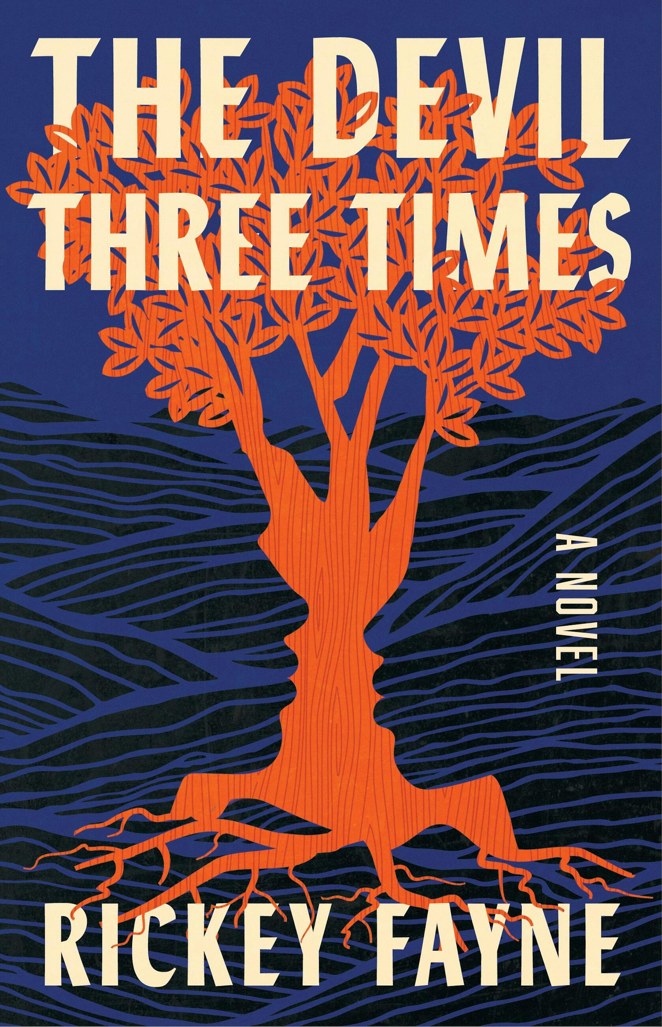 cover of The Devil Three Times is an illustration of a red tree with deep roots, on a blue background
