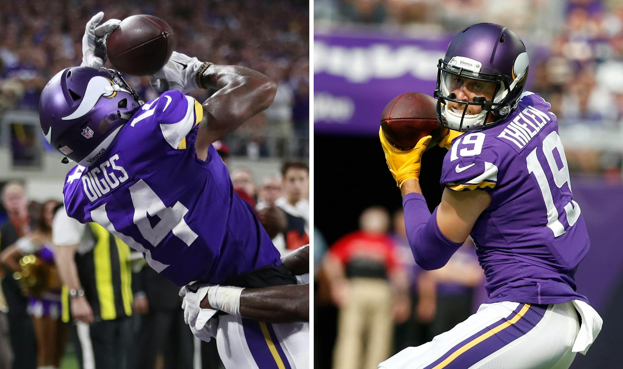 FILE - At left, in a Sept. 11, 2017, file photo, Minnesota Vikings wide receiver Stefon Diggs (14) catches a touchdown pass in front of a New Orleans Saints defender during an NFL football game, in Minneapolis. At right, in a Sept. 24,2017, file photo, Minnesota Vikings wide receiver Adam Thielen catches a pass during the first half of an NFL football game against the Tampa Bay Buccaneers, in Minneapolis. The Vikings have been hit by the injury bug again, at quarterback and running back. But the