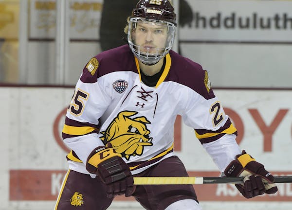 Junior forward Peter Krieger, a transfer from Alaska Fairbanks, sat out last season but has 10 goals and 16 assists as the Bulldogs’ top-line center