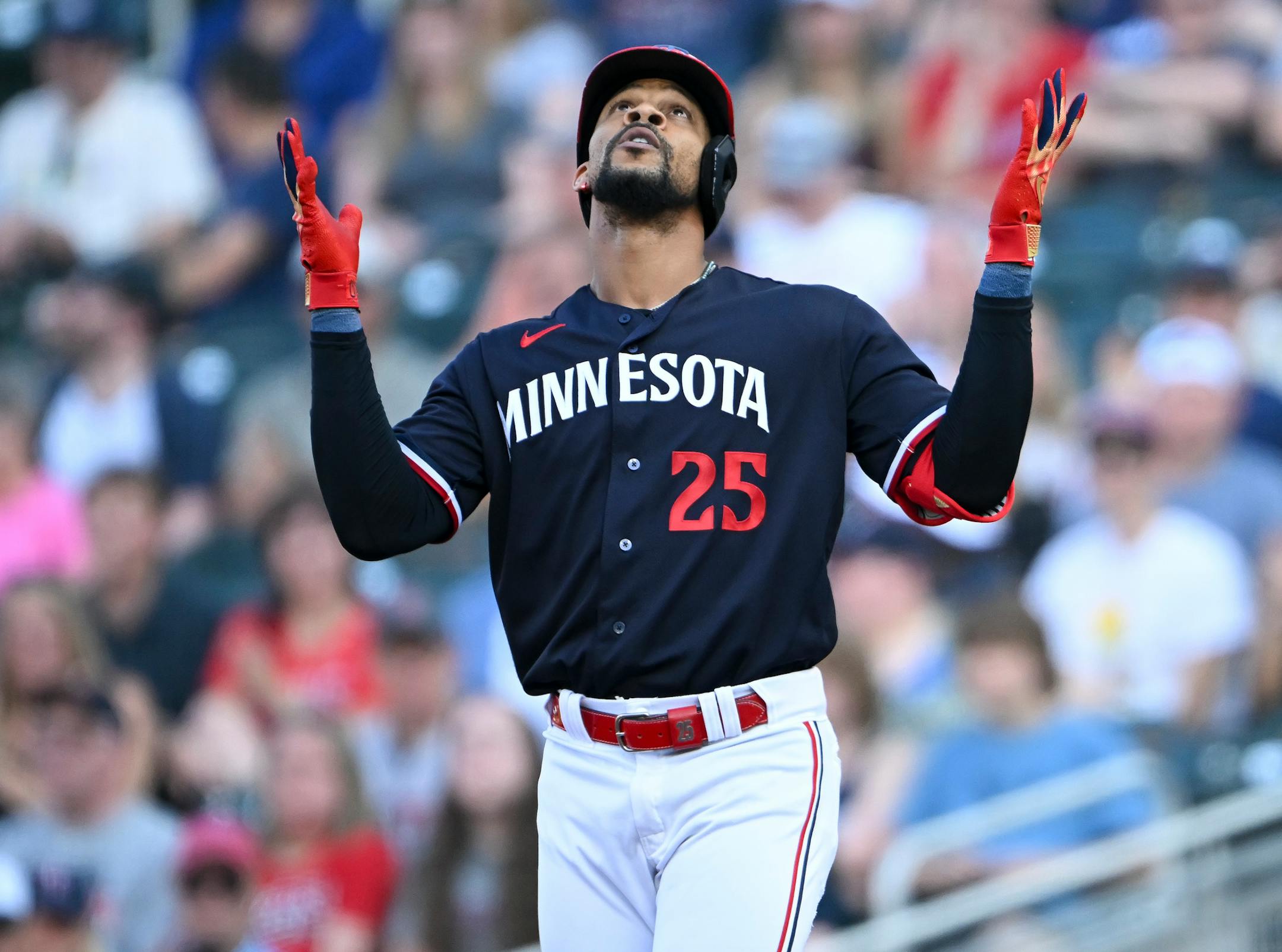 Minnesota Twins designated hitter Byron Buxton (25) reacts after reaching first on a single in the bottom of the second inning against the Boston Red Sox Tuesday, June 20, 2023, at Target Field in Minneapolis, Minn.
