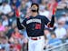 Minnesota Twins designated hitter Byron Buxton (25) reacts after reaching first on a single in the bottom of the second inning against the Boston Red 