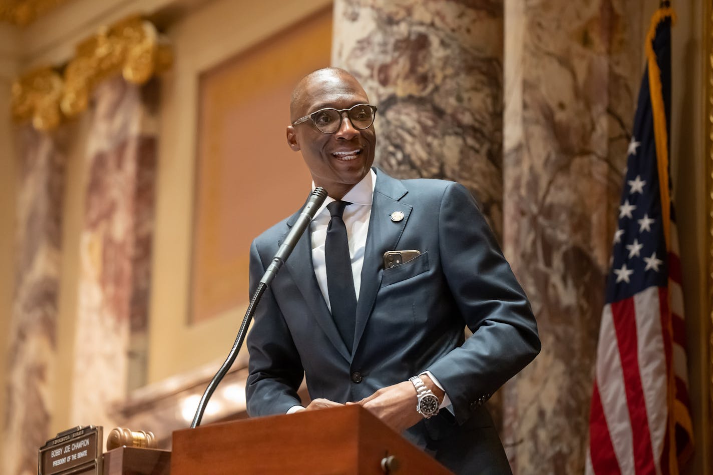 DFL Sen. Bobby Joe Champion presided over the Senate after being sworn in as the first Black Senate President Tuesday, Jan. 3, 2023 St. Paul, Minn. ] GLEN STUBBE • glen.stubbe@startribune.com