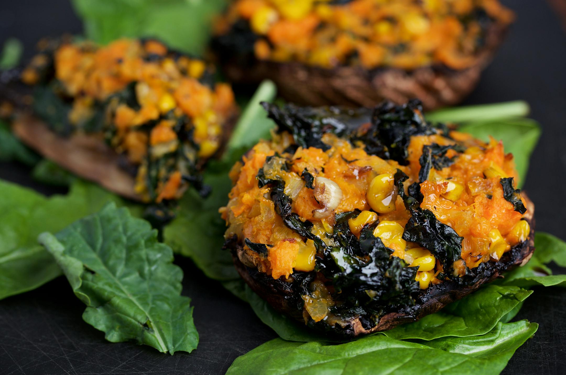 Portobello Mushrooms With Tuscan Kale and Sweet Potato. MUST CREDIT: Photo by Deb Lindsey for The Washington Post.
