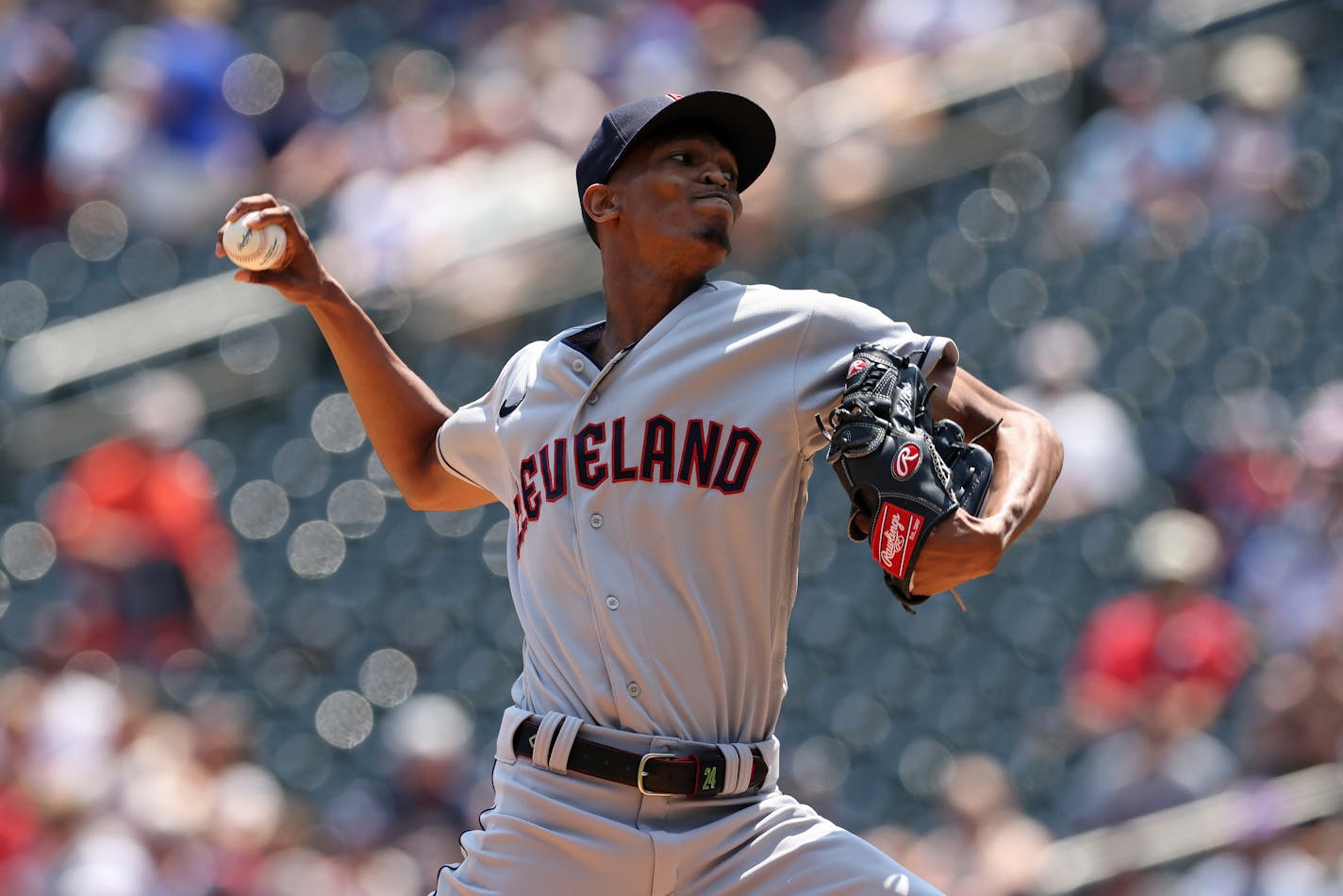 Cleveland Guardians pitcher Triston McKenzie throws during the first inning of a baseball game against the Minnesota Twins, Sunday, June 4, 2023, in Minneapolis. (AP Photo/Stacy Bengs)