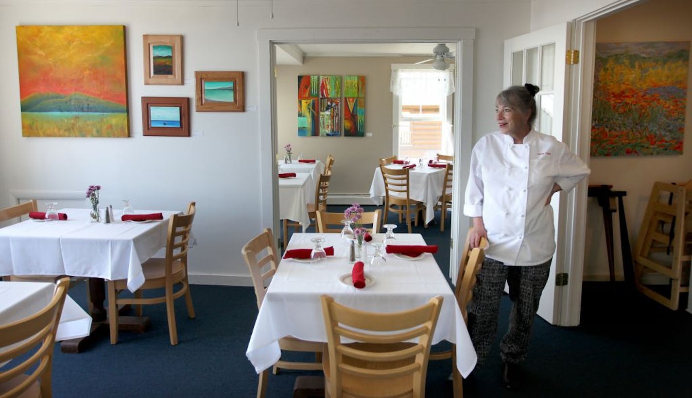 Chef/owner Judy Barness, in her 3 upstair dining rooms just before afternoon High Tea. Chez Jude, 411 W. Hwy 61 __ Food writer Rick Nelson makes his annual trip to parts of Minnesota we might want to go. This year it's the North Shore, From Duluth to past Grand Maria, which brought us a good mix of people, settings and food, starting in Duluth and headed north as far as the Naniboujou Lodge. [ TOM WALLACE • twallace@startribune.com _ Assignments #20024190A_ June 27, 2011_ SLUG: northshore0712_ E