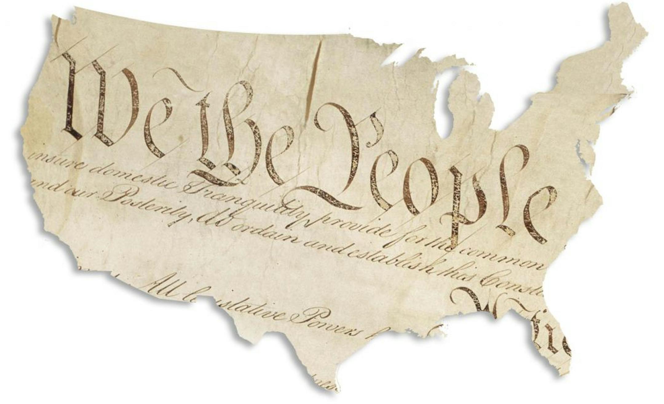 Map of United States with opening words of the U.S. Constitution superimposed. Baltimore Sun