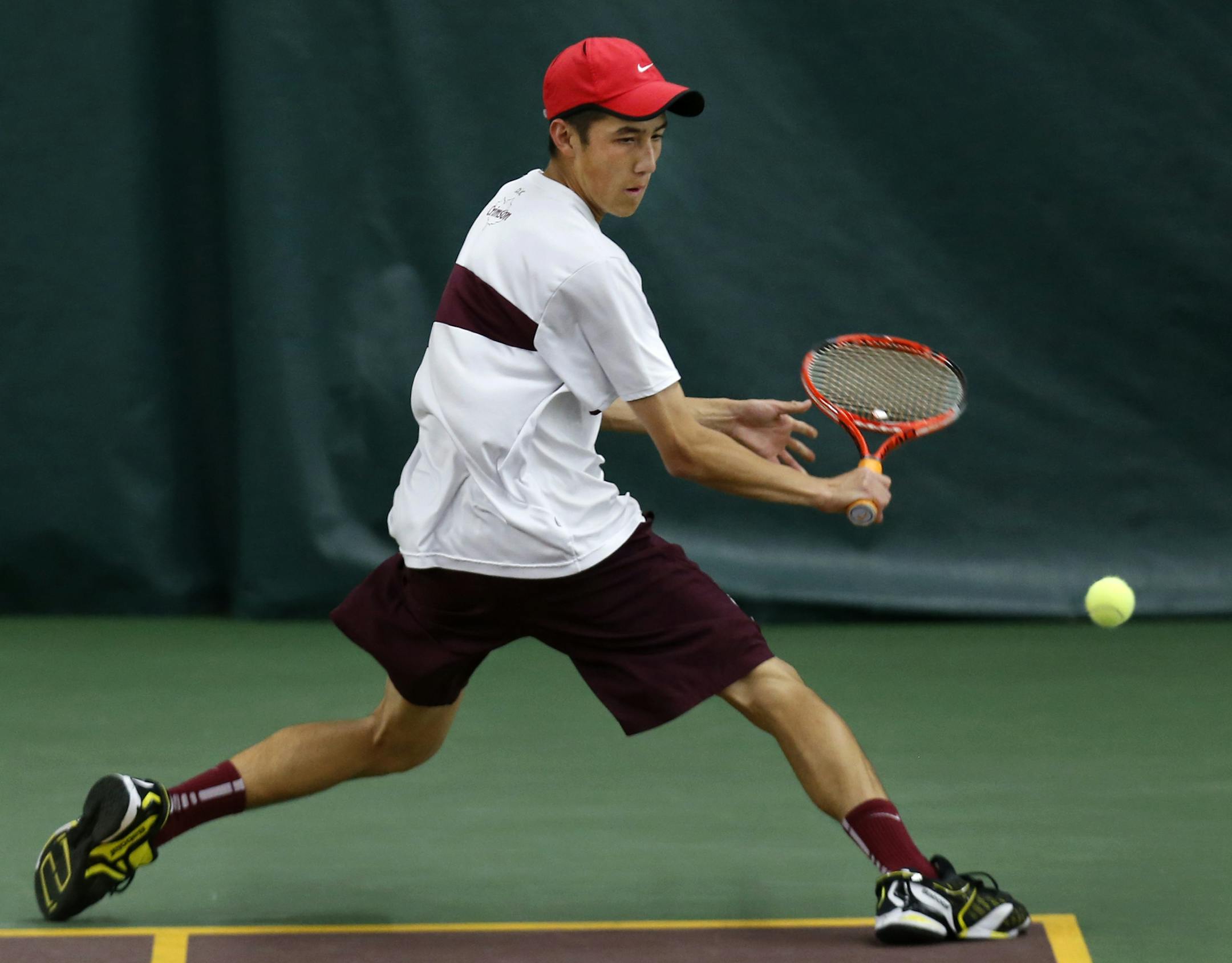 In the Class 2A, Section 5 boys tennis finals between Maple Grove and Mounds View at the Baseline Tennis Center at the U of M, Zach Adkins returns a ball from Jake Bartels of Mounds View. Adkins won the match.] richard tsong-taatarii@startribune.com