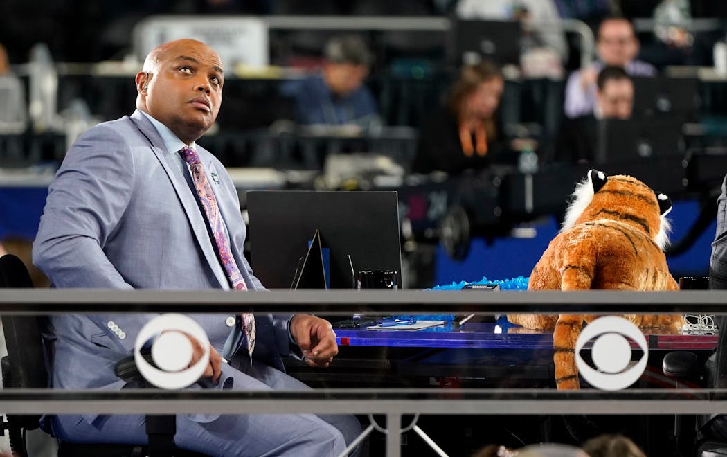Charles Barkley sits on the pregame show stage before the semifinals of the Final Four NCAA college basketball tournament game between Auburn and Virginia on April 6, 2019, in Minneapolis.