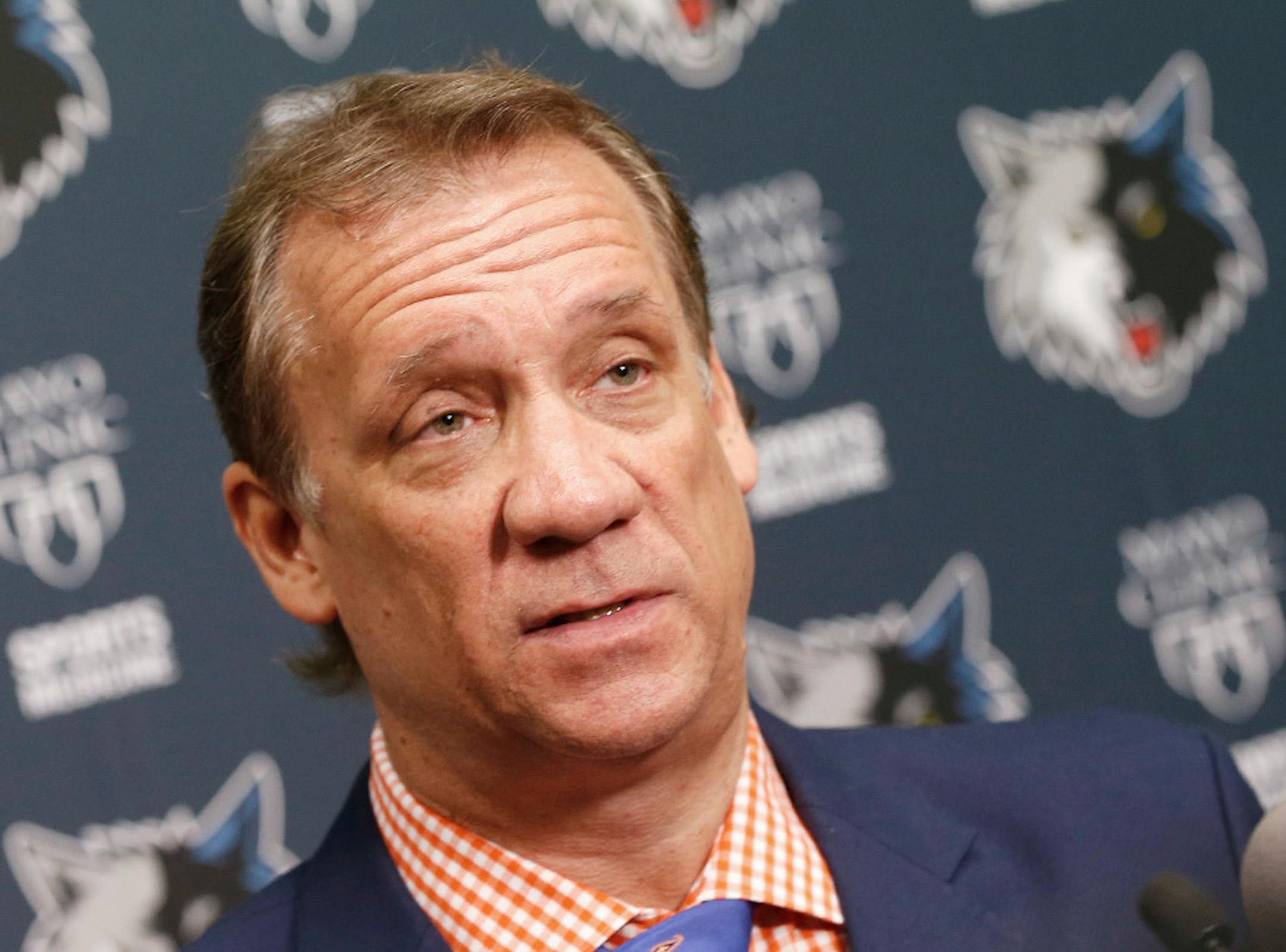 Coach Flip Saunders addressing the media during an NBA basketball news conference in Minneapolis.