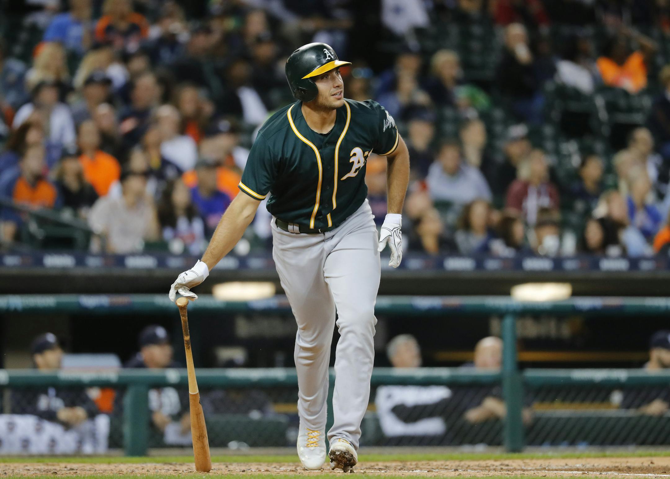 Oakland Athletics' Matt Olson watches his solo home run against Detroit last week.