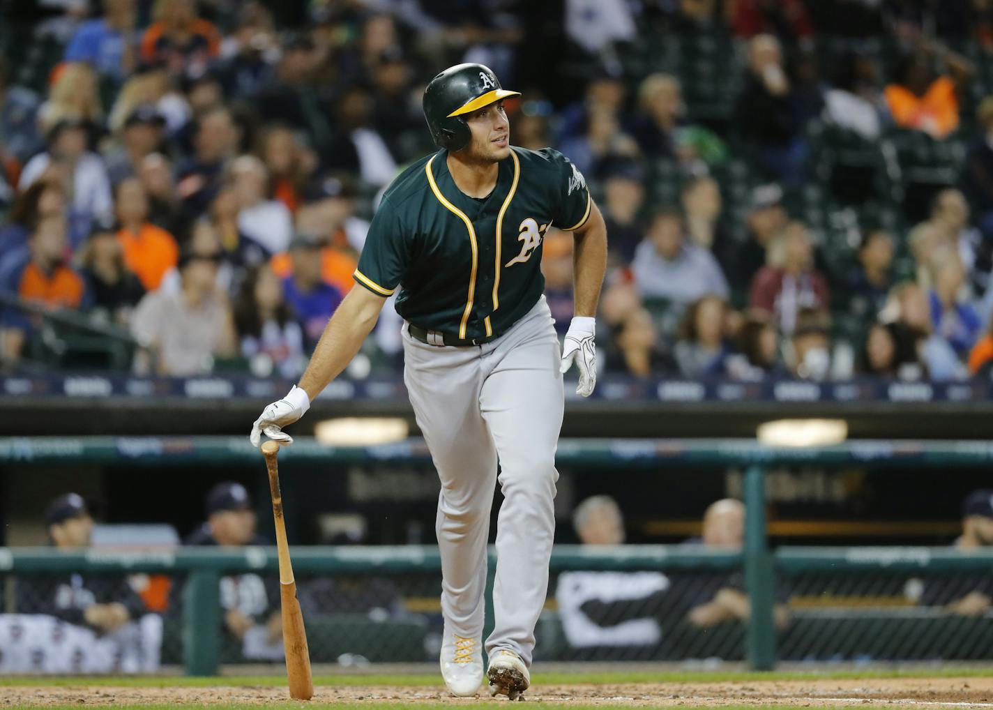 Oakland Athletics' Matt Olson watches his solo home run against Detroit last week.