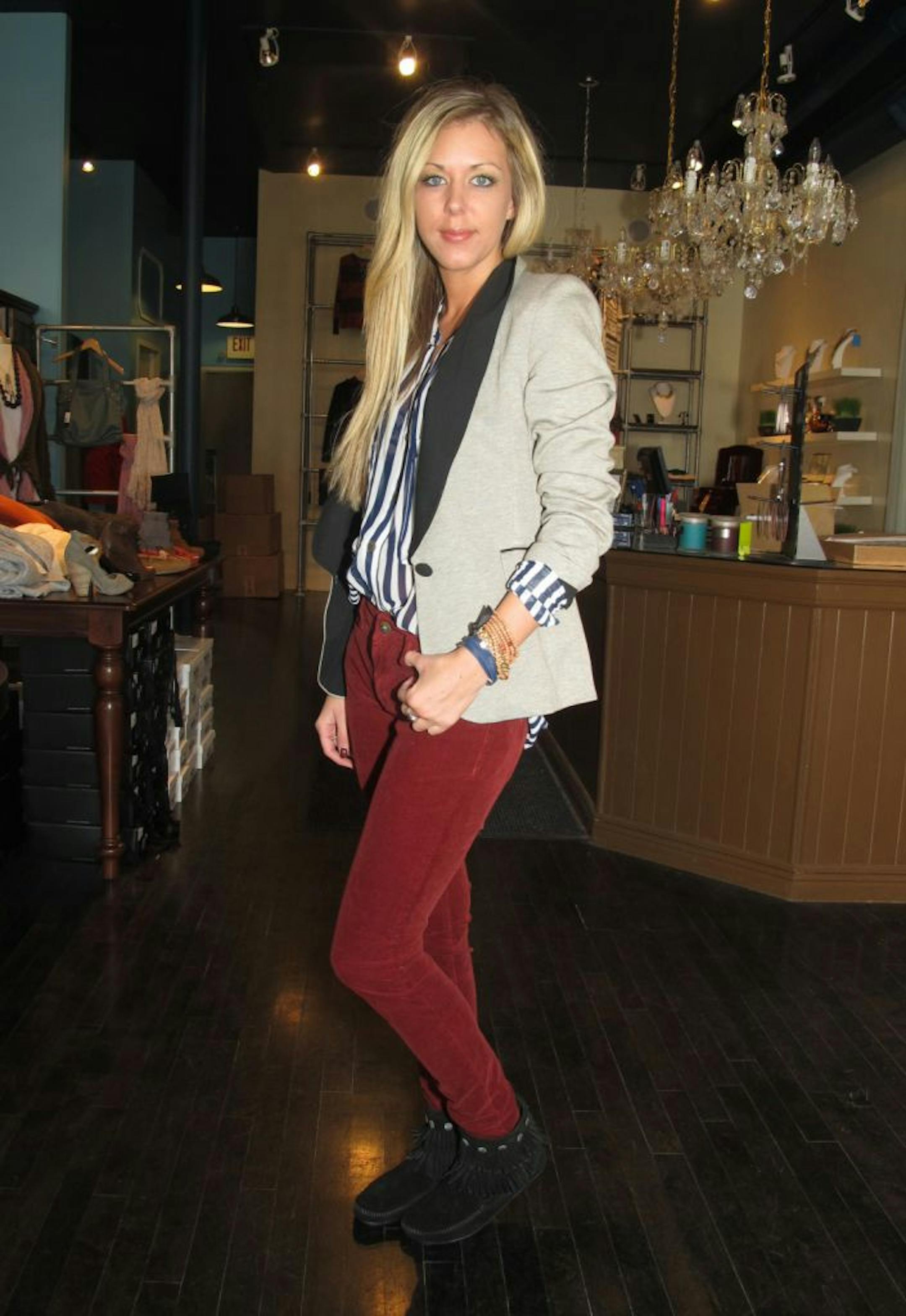 Hannah Alley, shop assistant at Parc Boutique wears Blank NYC jeans ($80), Mink Pink striped shirt ($70), Aryn K. jacket ($99) and Minnetonka Moccasin booties ($55). 320 East Hennepin Avenue, Mpls., 612-353-4966.
