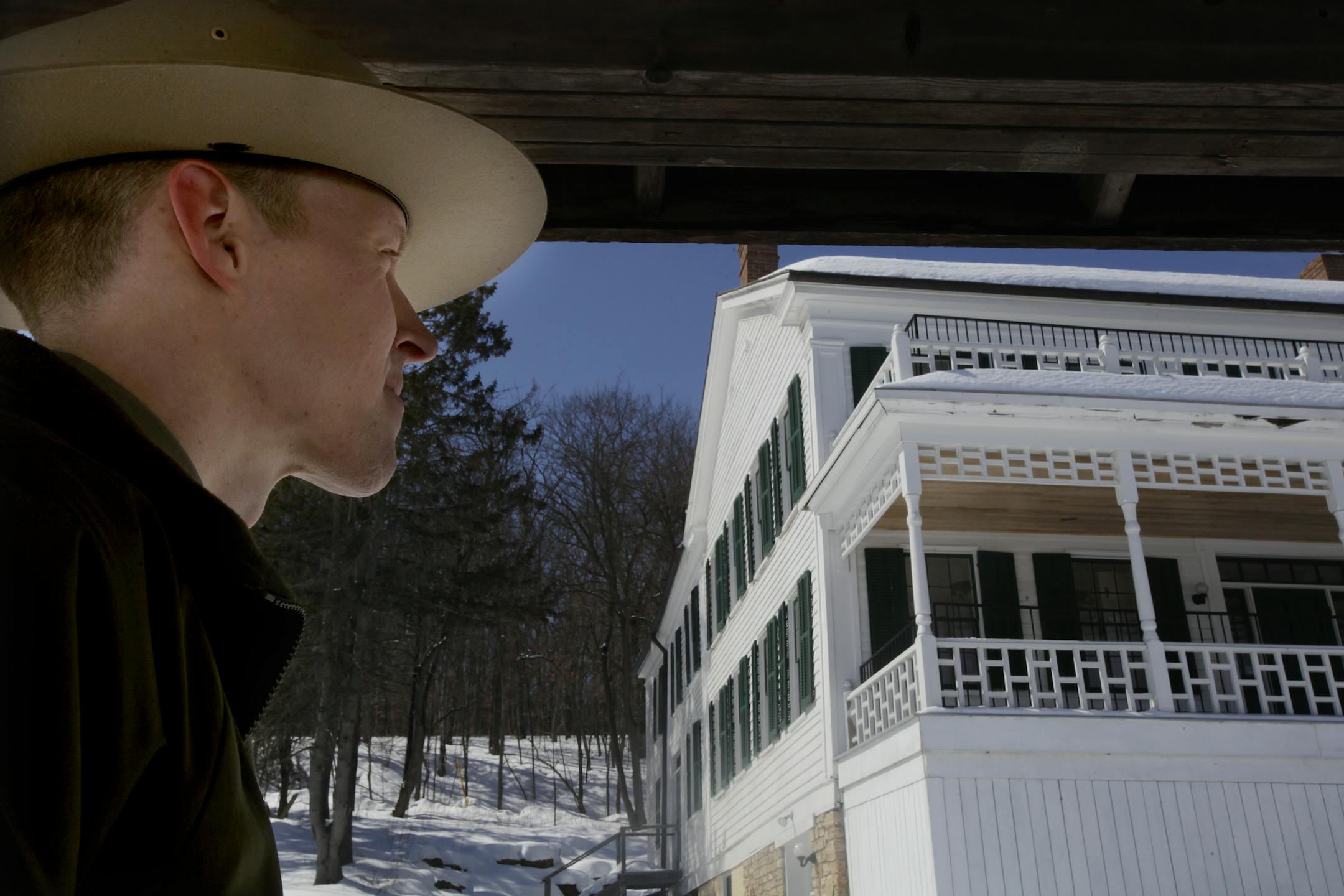 Jonathan Moore of the National Park Service at the Arcola Mills historic site next to the 1847 mansion. The National Park Service, encouraged by previous trial openings on the Minnesota side of the St. Croix river, will open a visitor site at Arcola Mills for six months this year.Stillwater, MN on March 20, 2013. ] JOELKOYAMA&#x201a;&#xc4;&#xa2;joel koyama@startribune.com