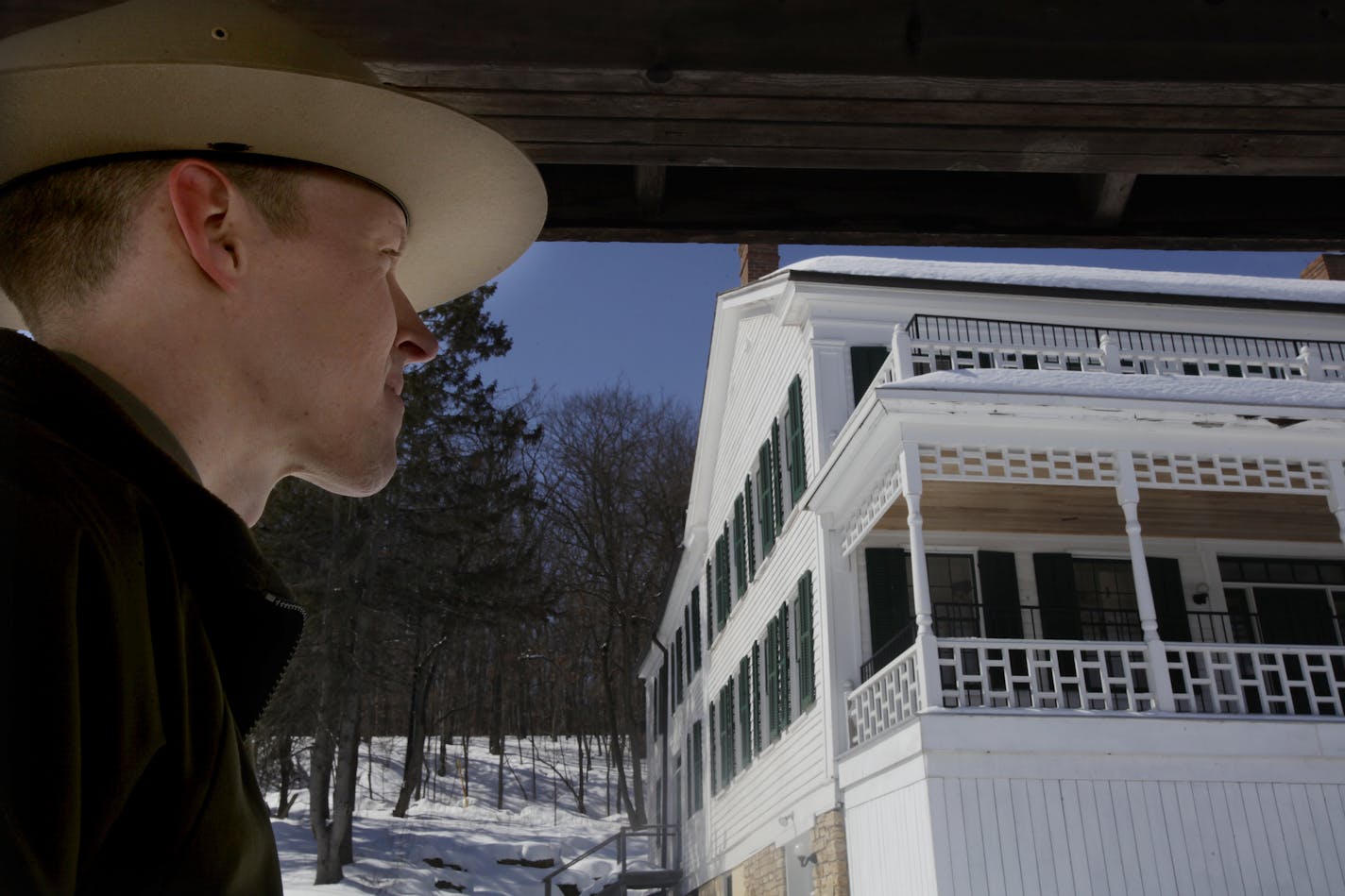 Jonathan Moore of the National Park Service at the Arcola Mills historic site next to the 1847 mansion. The National Park Service, encouraged by previous trial openings on the Minnesota side of the St. Croix river, will open a visitor site at Arcola Mills for six months this year.Stillwater, MN on March 20, 2013. ] JOELKOYAMA&#x201a;&#xc4;&#xa2;joel koyama@startribune.com