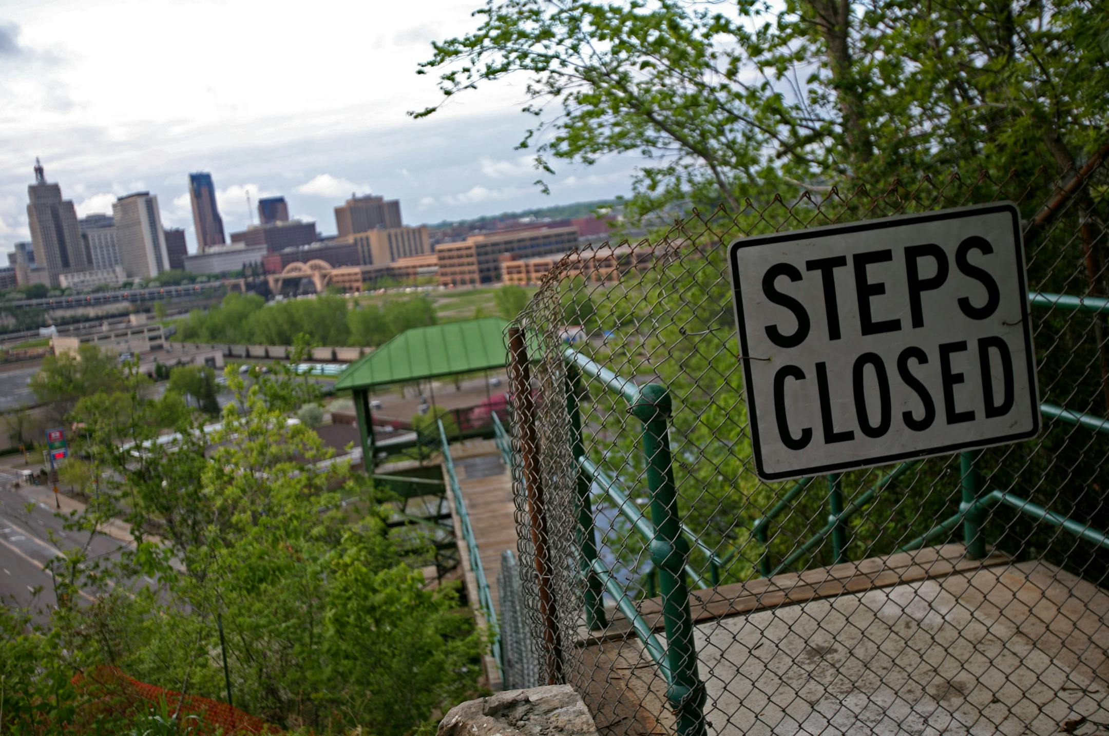 The towering stairway off of Wabasha Avenue in St. Paul was recently damaged by a boulder and is now closed. The city plans to take the stairway down as soon as Tuesday morning.
