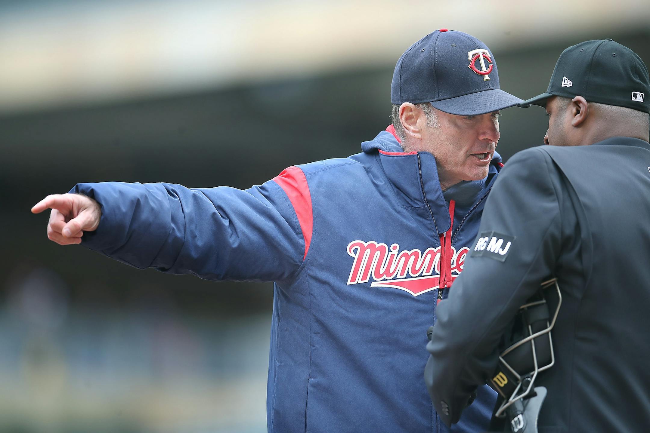 Twins manager Paul Molitor argued a call with umpire Alan Porter at home plate during the eighth inning as the Twins took on Cleveland at Target Field, Thursday, April 20, 2017 in Minneapolis, MN.