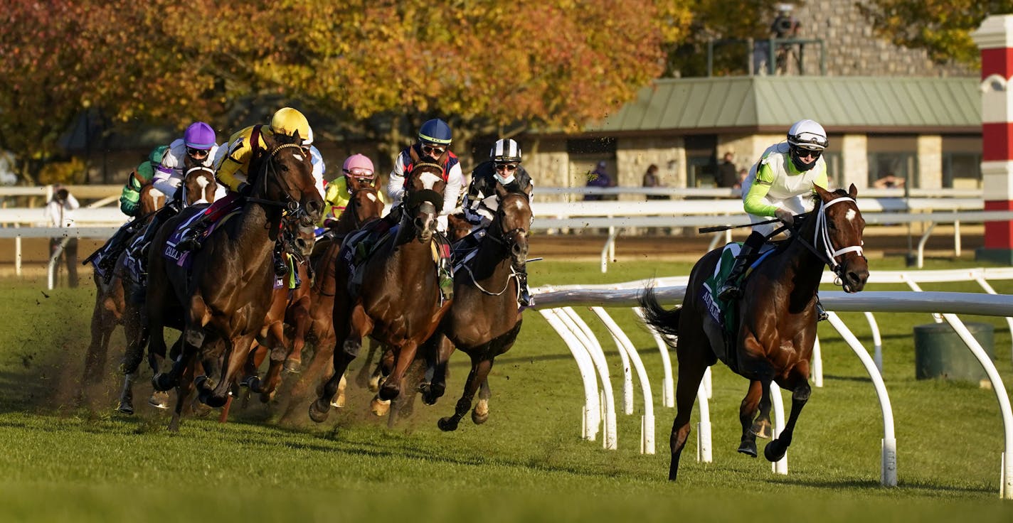 Aunt Pearl, right, ridden by Florent Geroux, leads the field around the first turn on the way to winning the Breeders' Cup Juvenile Fillies Turf horse race at Keeneland Race Course, Friday, Nov. 6, 2020, in Lexington, Ky. (AP Photo/Mark Humphrey)