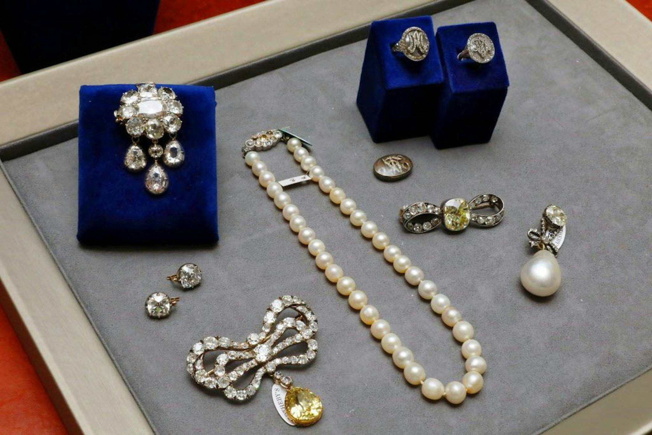 Items that belonged to Marie Antoinette, that will be included in the "Royal Jewels from the Bourbon-Parma Family" sale, are displayed at Sotheby's, in New York, Friday, Oct. 12, 2018. The sale is to be held Nov. 14, 2018 in Geneva.