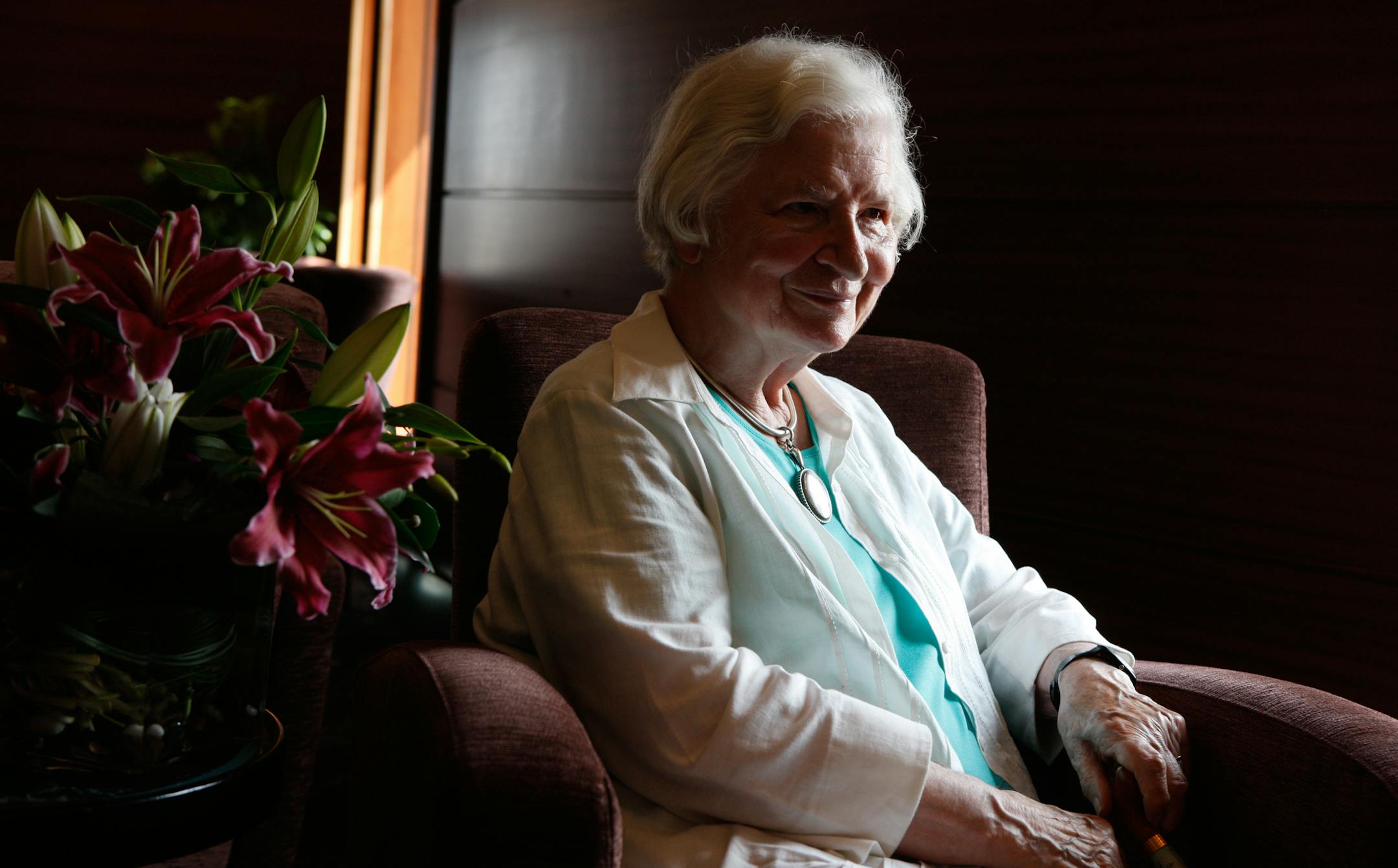 FILE -- Phyllis Dorothy James White, also known as P.D. James, an acclaimed mystery novelist, aboard the Queen Mary 2 in New York, July 19, 2010. White, who became Baroness James of Holland Park in 1991 but was better known as “the Queen of Crime” for the multilayered mystery novels she wrote as P.?D. James, has died at her home in Oxford, England on Nov. 27, 2014. She was 94. (Ruth Fremson/The New York Times)