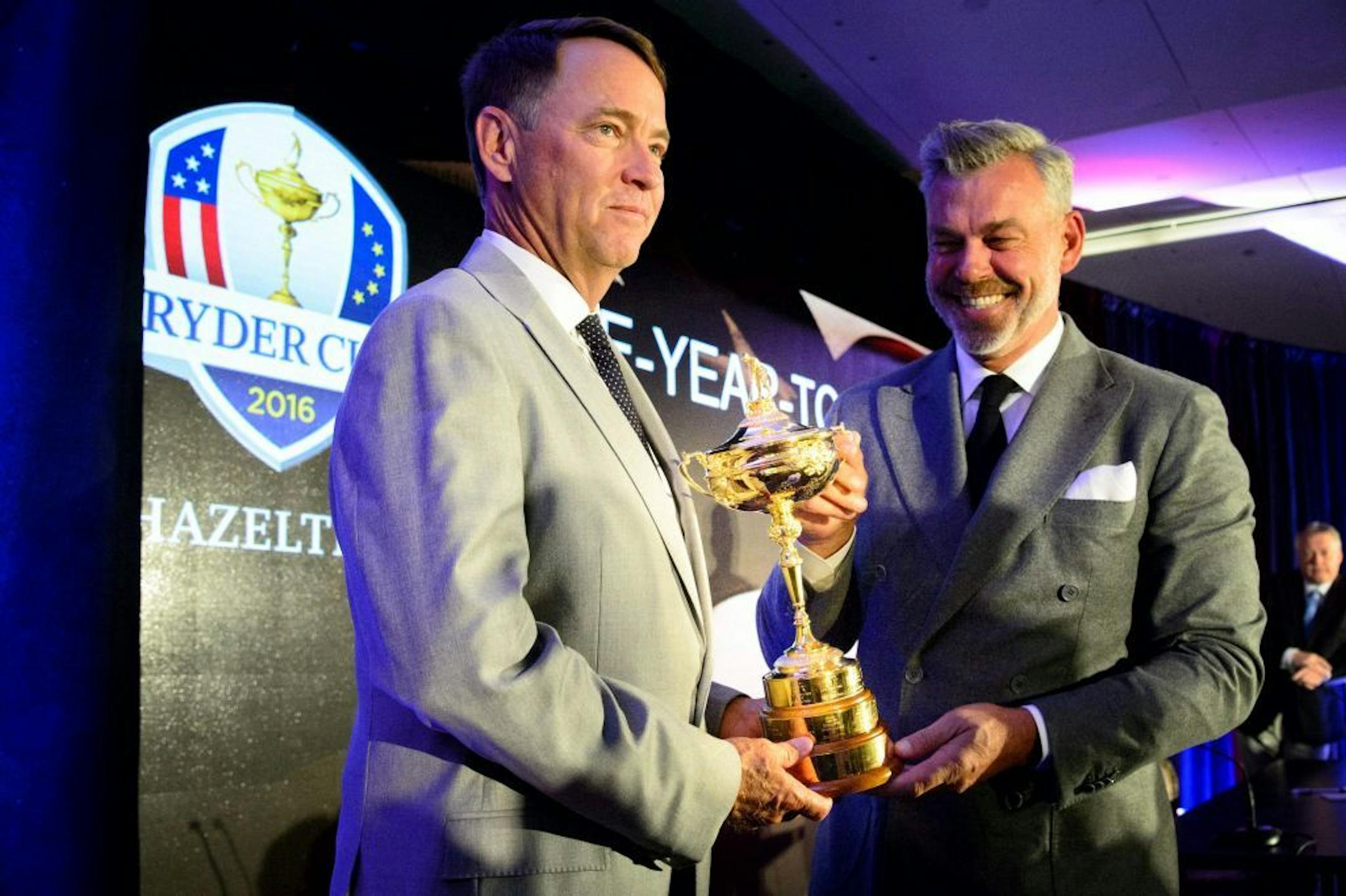 Team captains Davis Love and Darren Clarke spoke at a news conference at Hazeltine National Golf Club, home of the 2016 Ryder Cup.