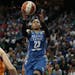 Minnesota Lynx forward Maya Moore (23) lines up a shot during the first half of Game 2 of the WNBA basketball semifinals against the Phoenix Mercury, 