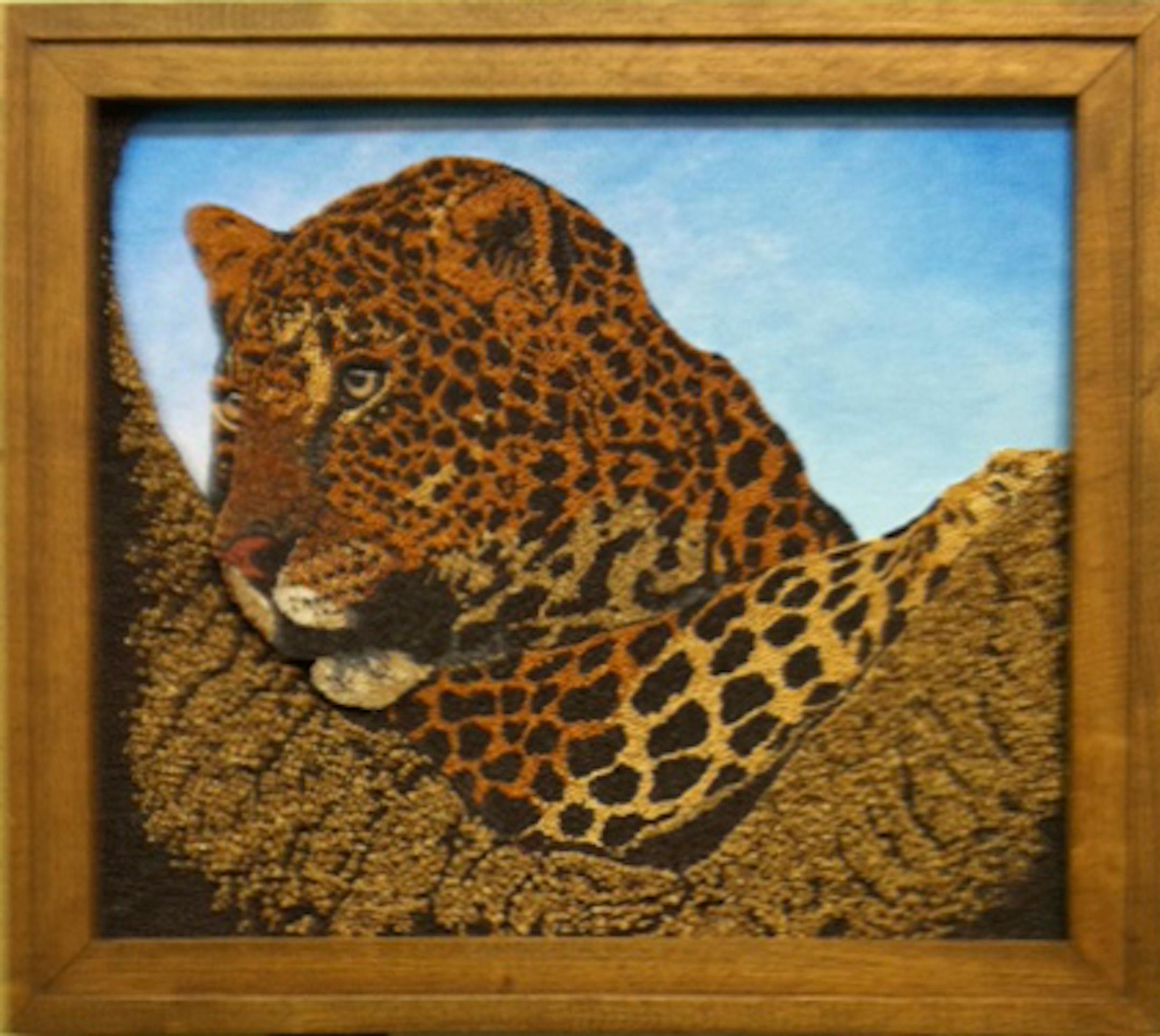Seed-art leopard by Linda Paulsen.