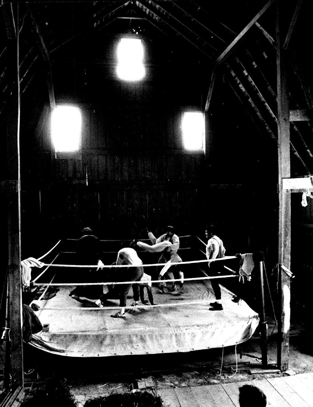 The wrestling school in Gagne's Eden Prairie barn, photographed in 1973.