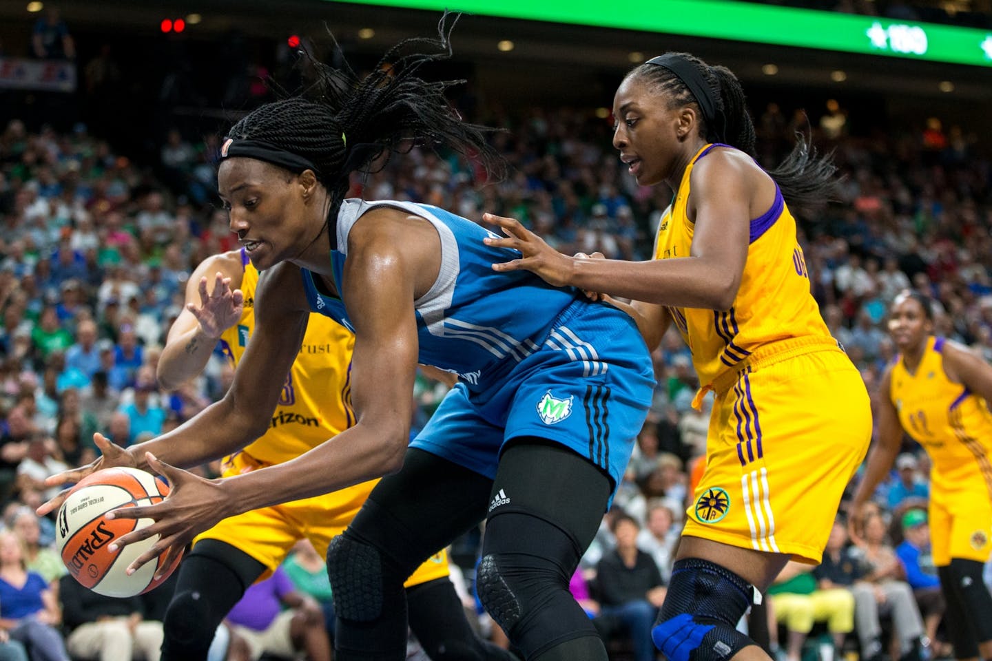 Minnesota Lynx center Sylvia Fowles reaches for the ball during the second half against the Los Angeles Sparks on Friday, Aug. 11, 2017, at Xcel Energy Center.