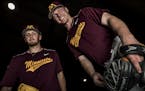 Minnesota Gophers Gophers pitchers Lucas Gilbreath (43) and Brian Glowicki (19). ] CARLOS GONZALEZ &#xef; cgonzalez@startribune.com - April 19, 2017, 