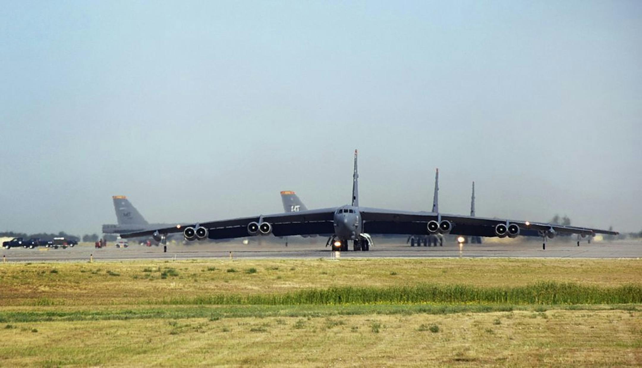 B-52 bombers, like the one in this file photo, have wing spans of 185 feet and eight jet engines paired in four pods.