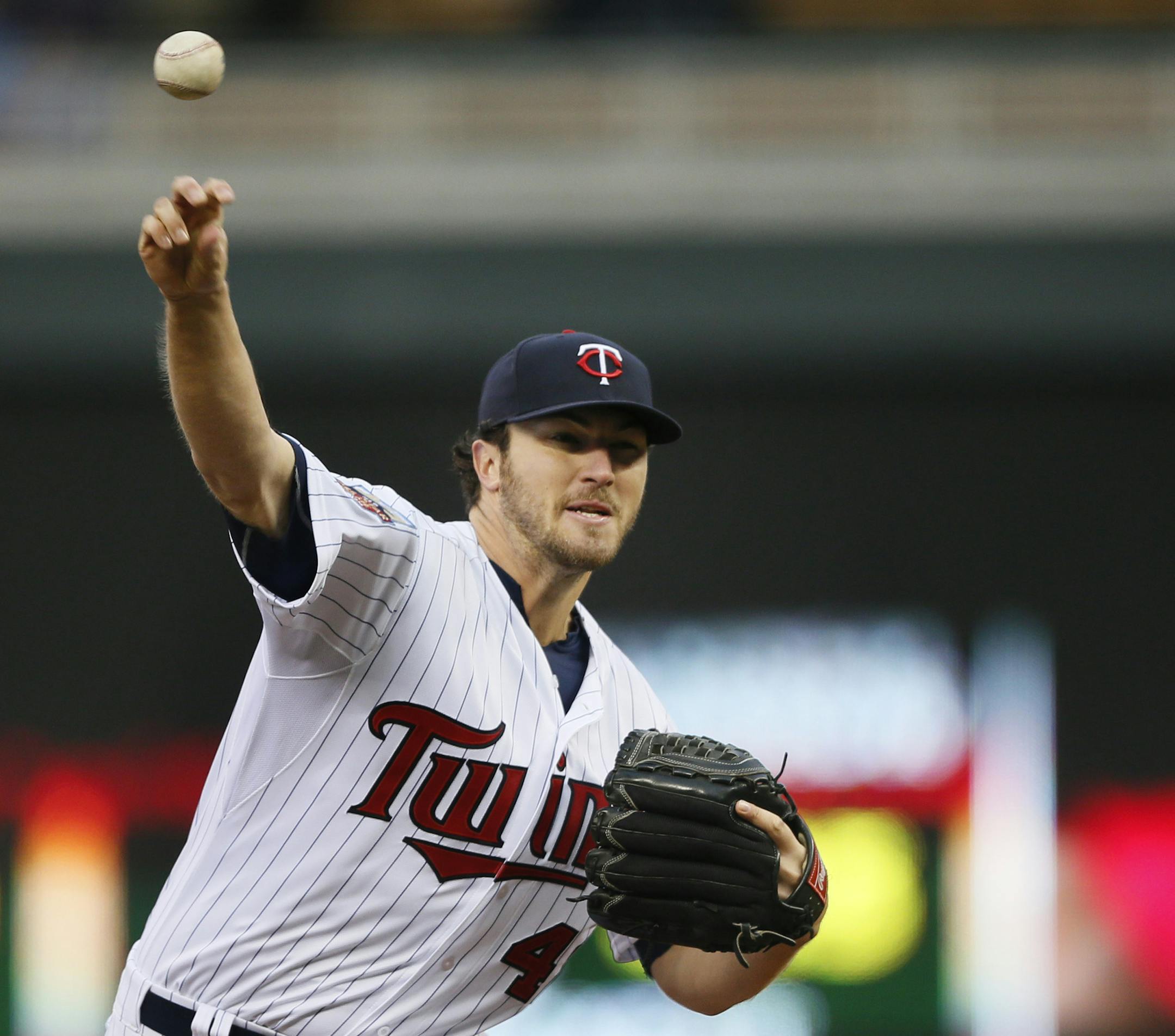 Twins starter Phil Hughes throws a pitch in the first inning during MLB action at Target Field between the Minnesota Twins and Toronto Blue Jays April 15, 2014 in Minneapolis , MN. ]JERRY HOLT jerry.holt@startribune.com