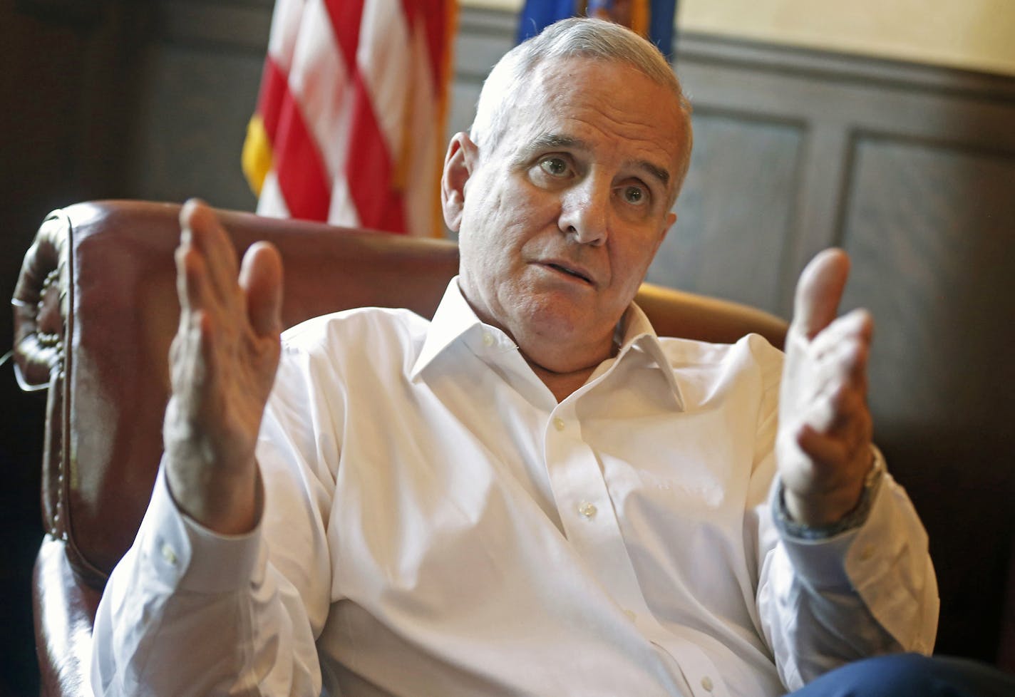 In this May 5, 2015 photo, Minnesota Gov. Mark Dayton talks about the remaining two weeks of the 2015 legislative session at the Governor's Mansion in St. Paul, Minn.